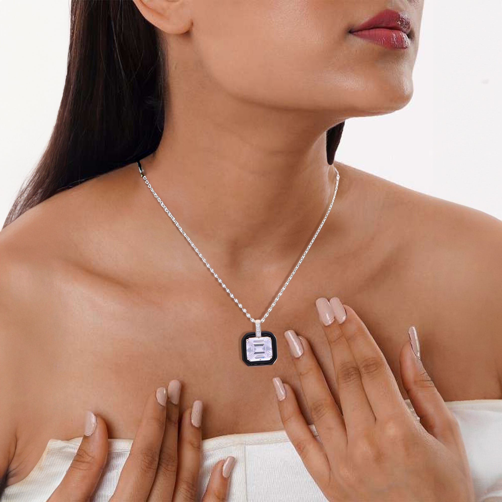 Women's Sleek Silver Pendant Necklace with Enamel Halo and Clear Emerald-Cut Centerpiece