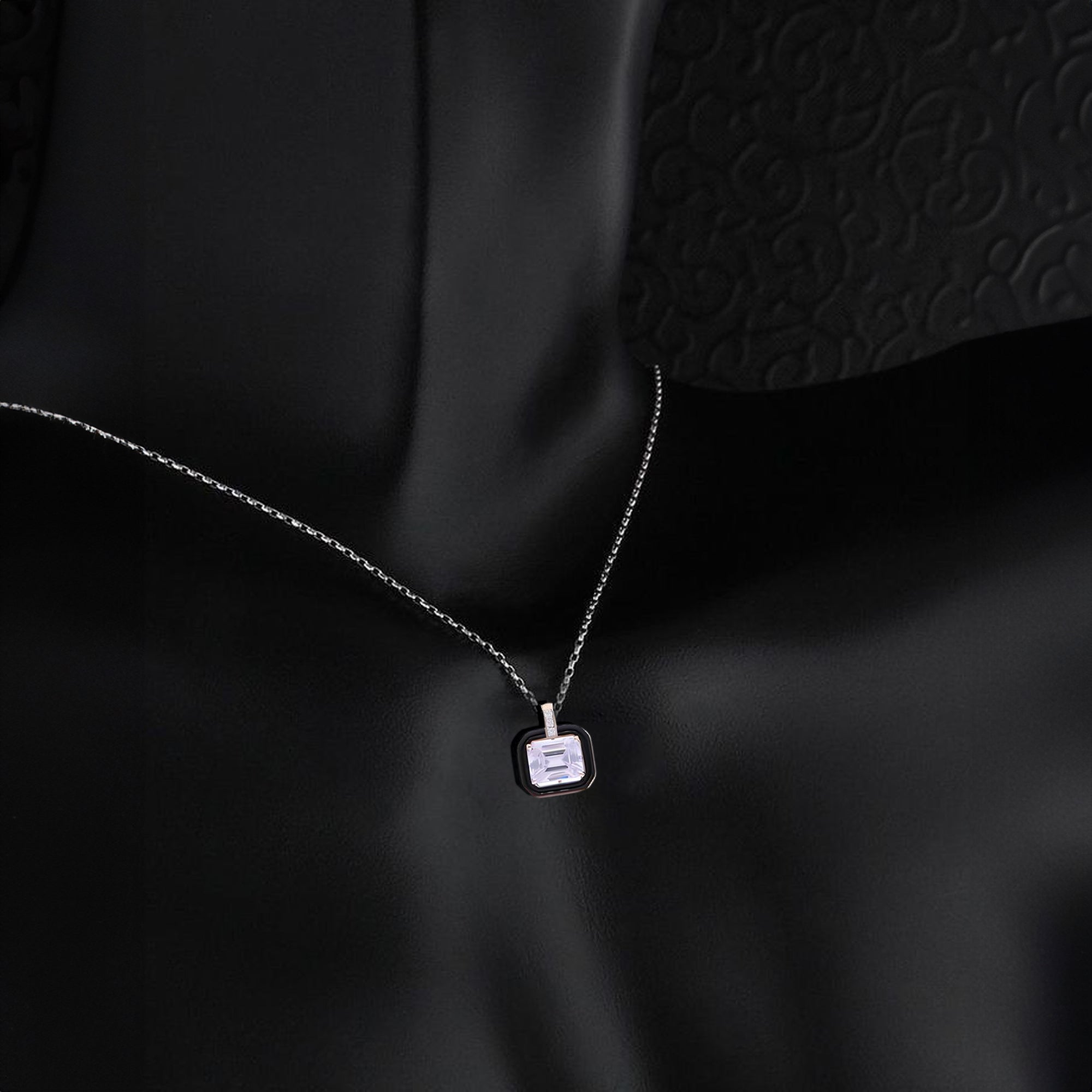 Women's Sleek Silver Pendant Necklace with Enamel Halo and Clear Emerald-Cut Centerpiece