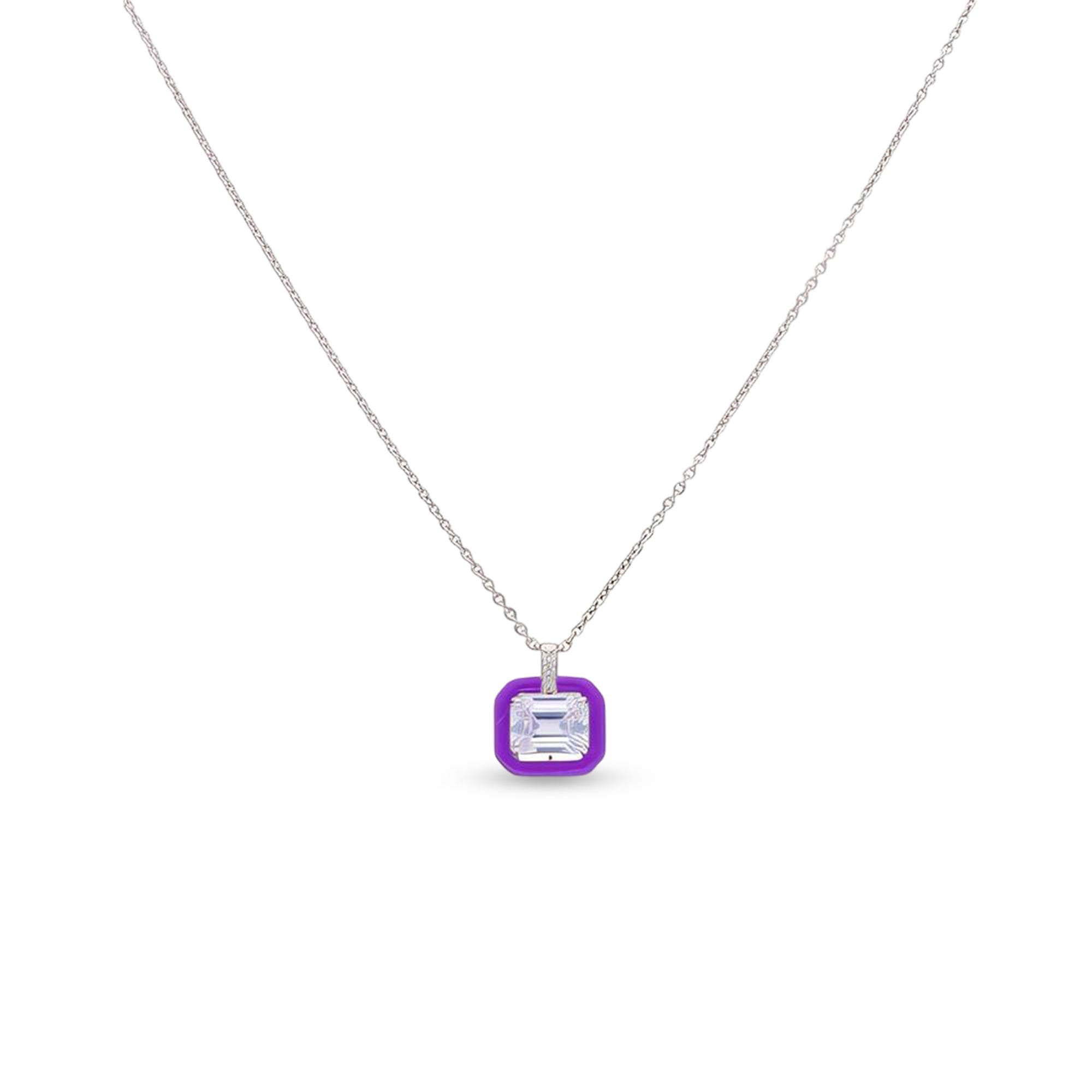 Women's Silver Chain Necklace with Radiant Gemstone in Purple Enamel Square Pendant