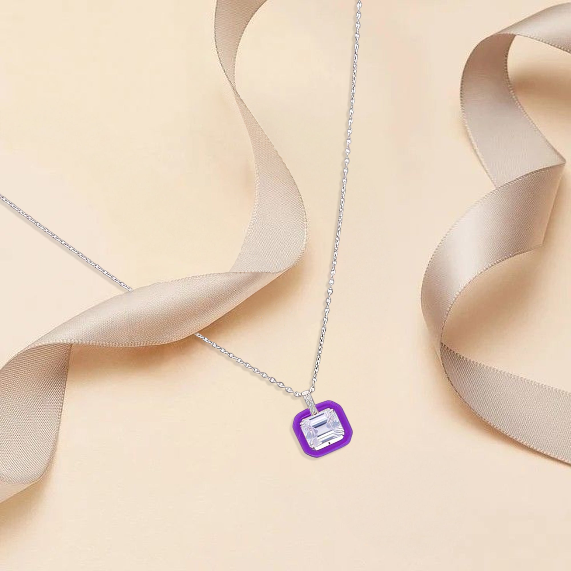 Women's Silver Chain Necklace with Radiant Clear Gemstone in Purple Enamel Square Pendant