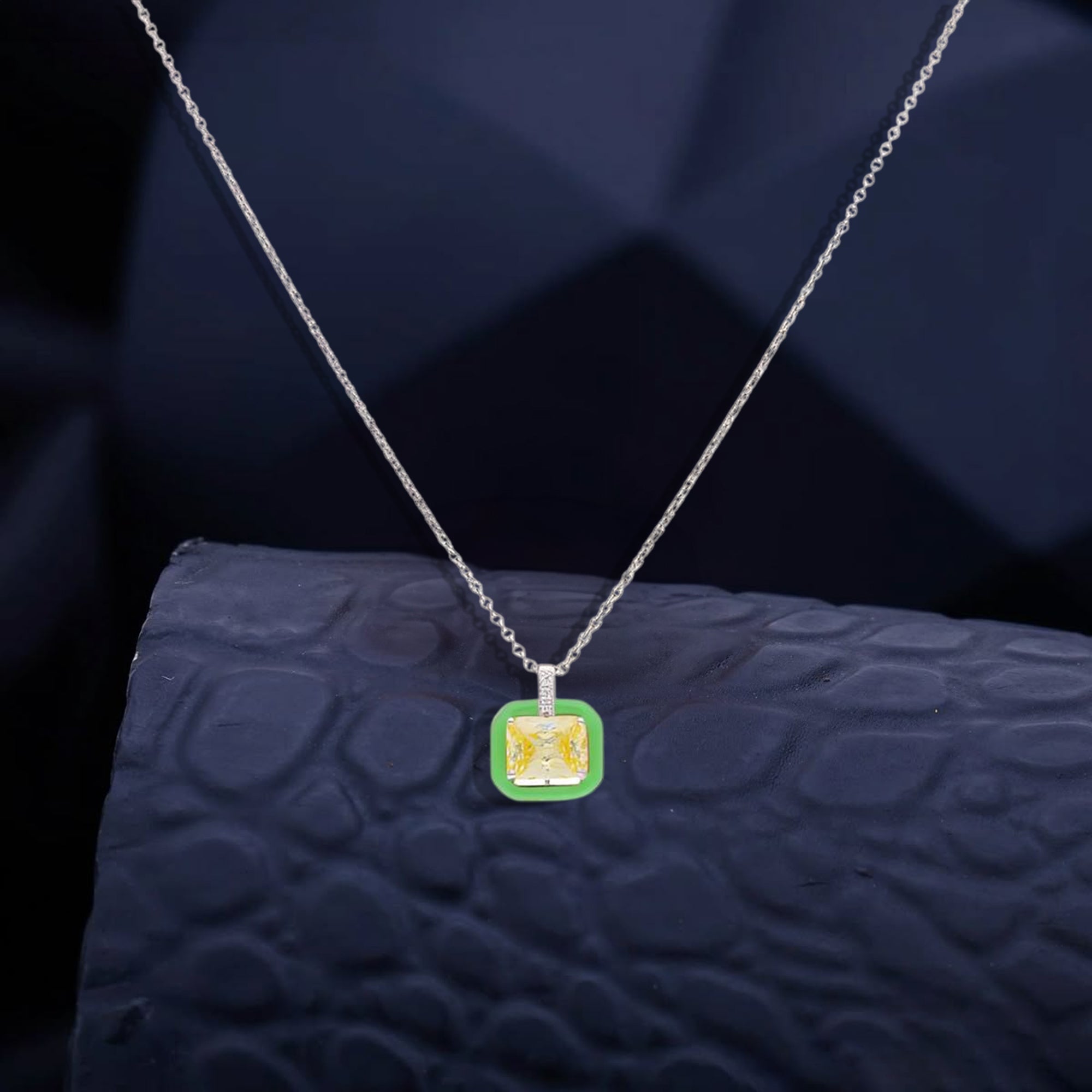 Contemporary Square Necklace with Yellow Emerald-Cut Stone and Green Enamel