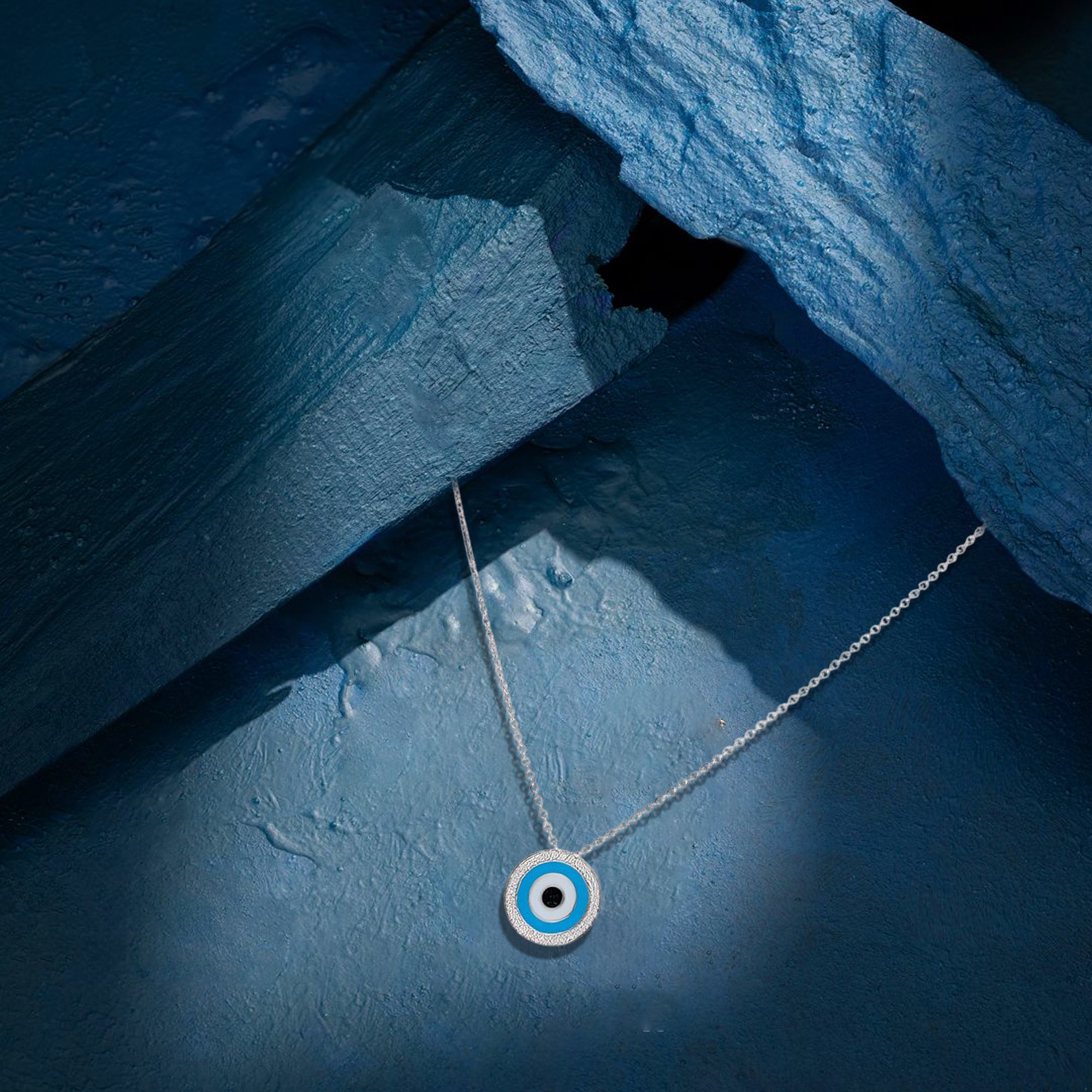 Circle of Light Evil Eye Necklace in Silver and Blue Enamel with CZ Border Charm
