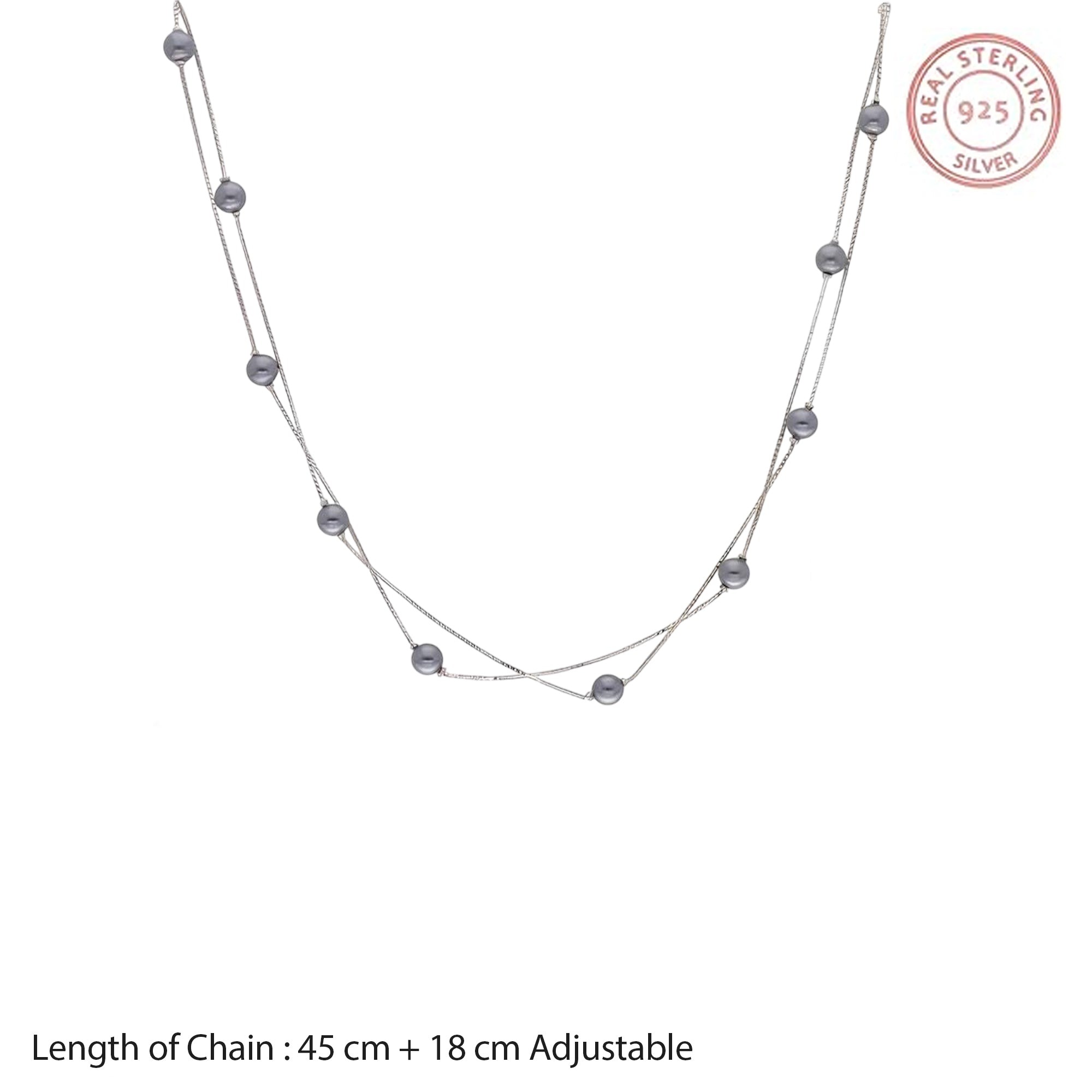 Double Strand Silver Chain Necklace with Glossy Grey Beads for Daily Elegance