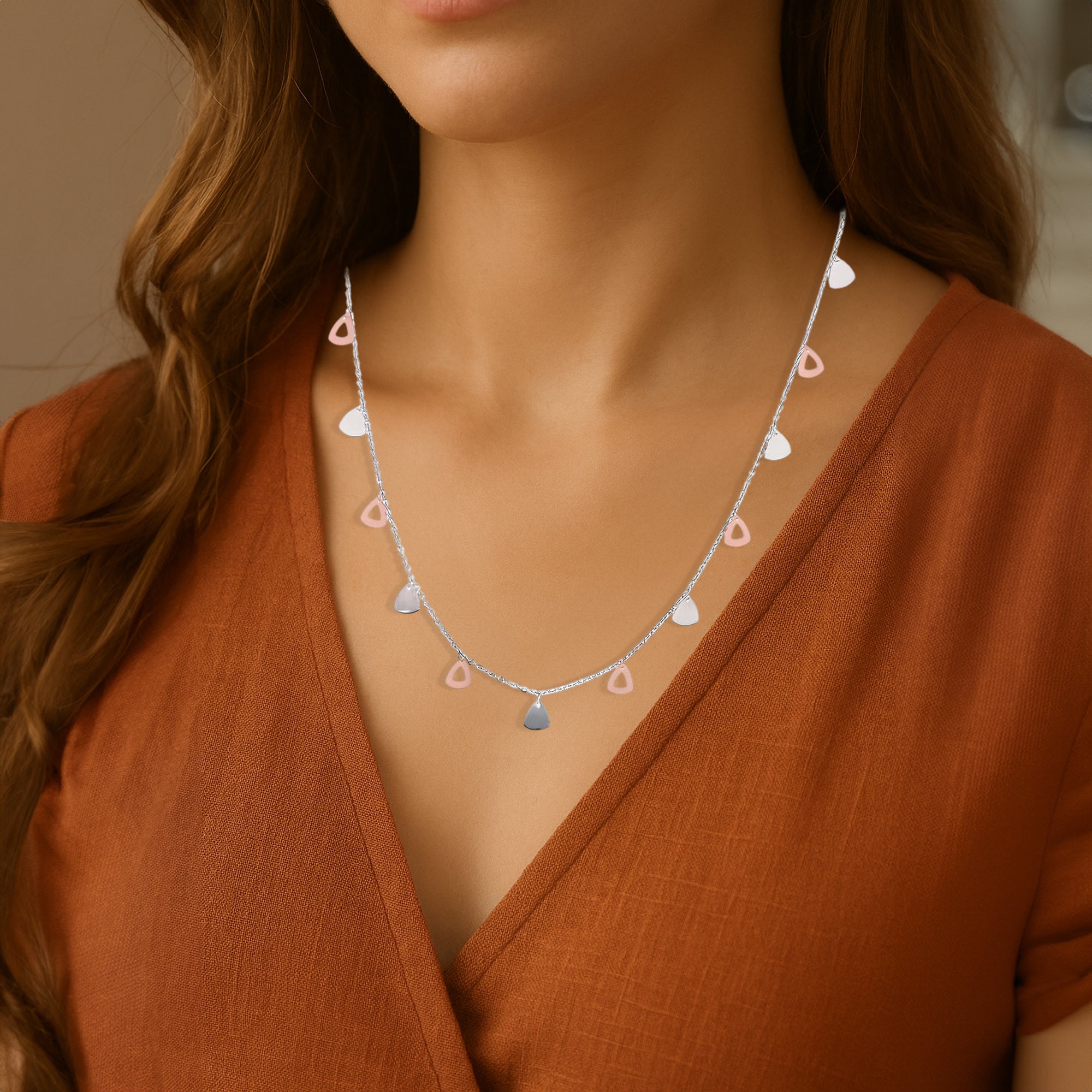Dual Tone Teardrop Charm Necklace with Silver Chain and Mixed Finish Drops