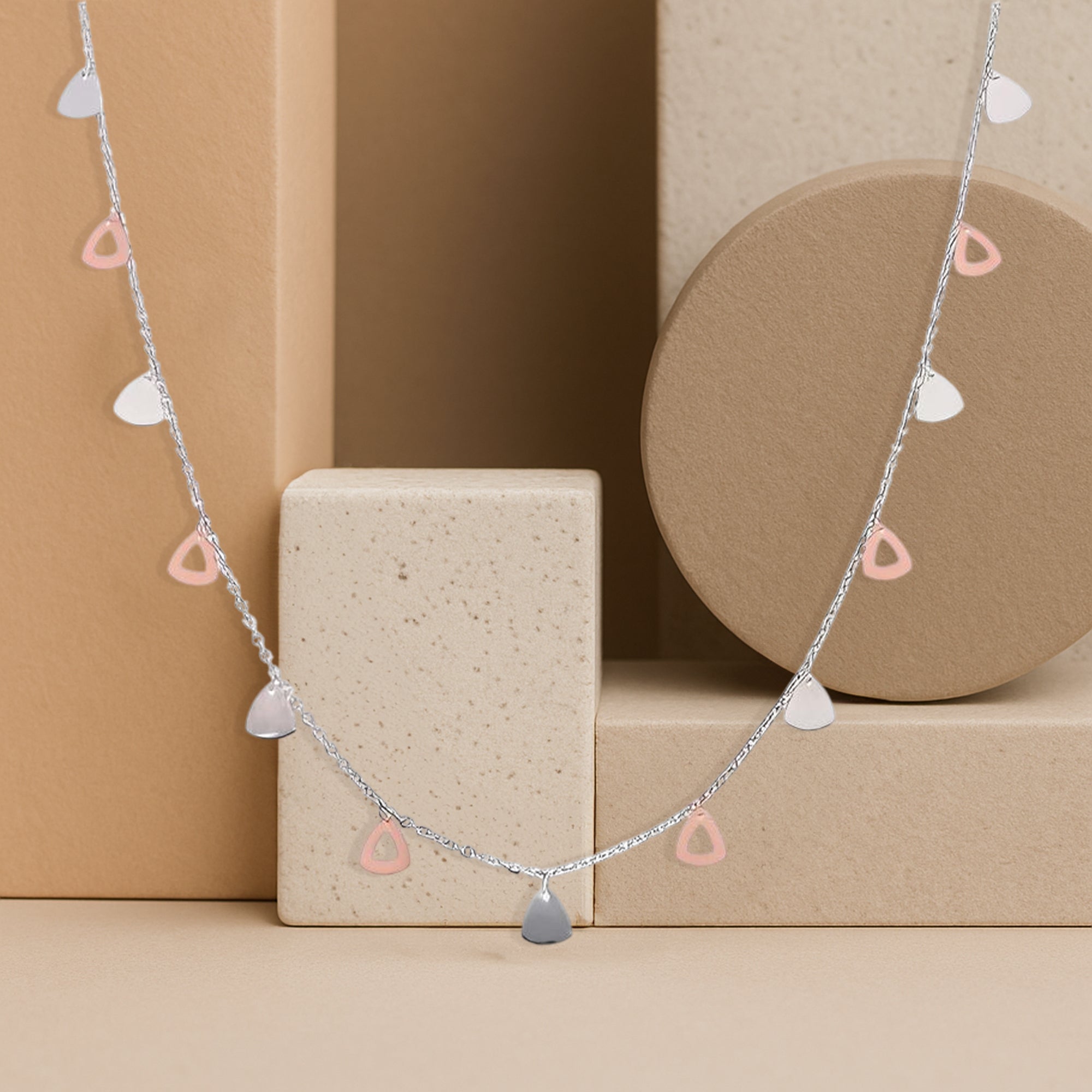 Dual Tone Teardrop Charm Necklace with Silver Chain and Mixed Finish Drops