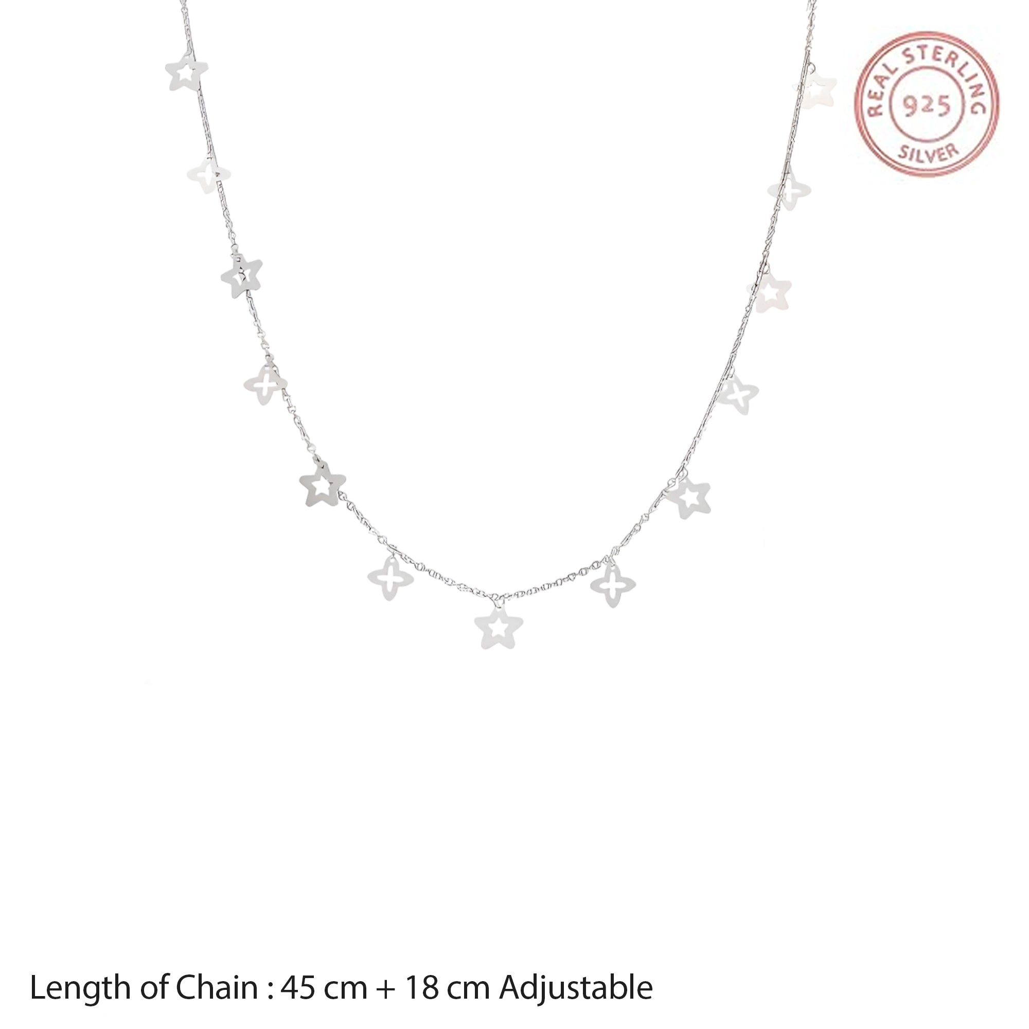 Silver Star and Floral Charm Necklace with Delicate Chain and Cutout Motifs