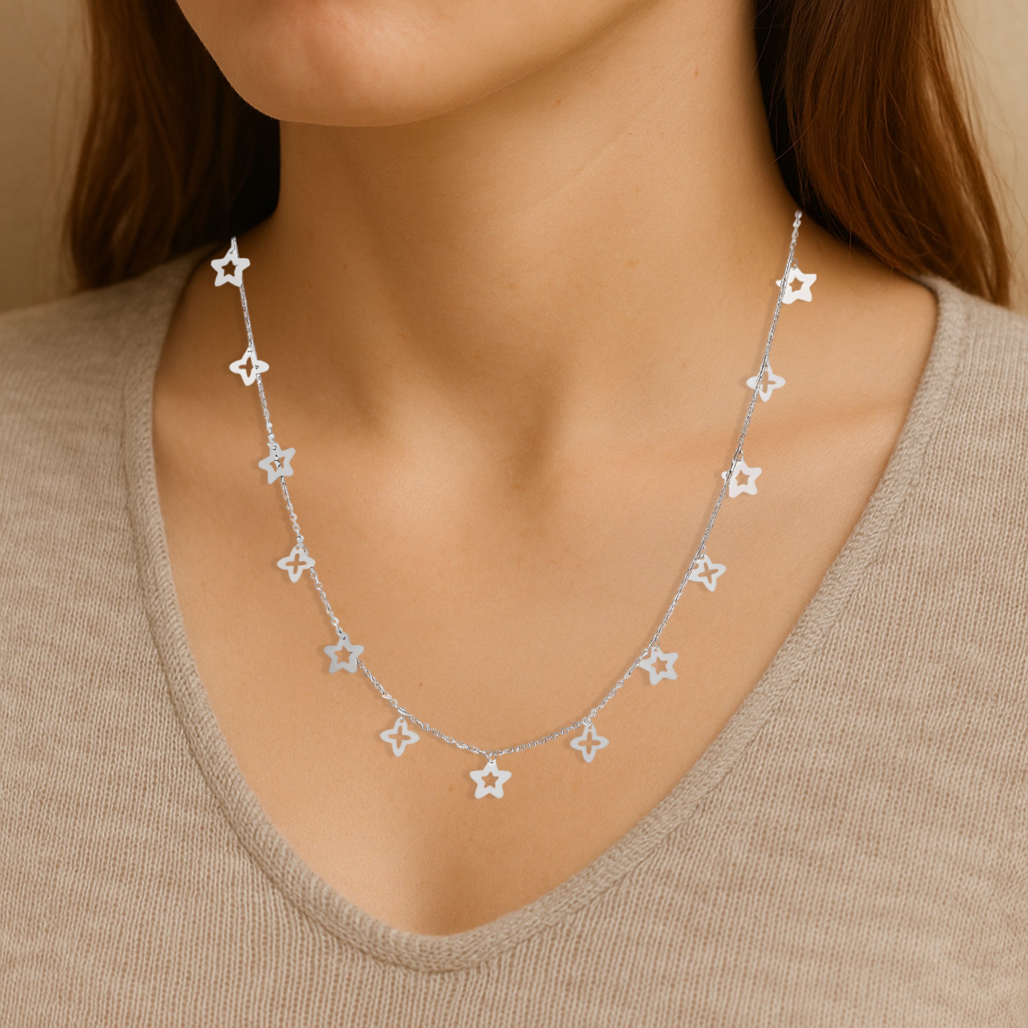 Silver Star and Floral Charm Necklace with Delicate Chain and Cutout Motifs