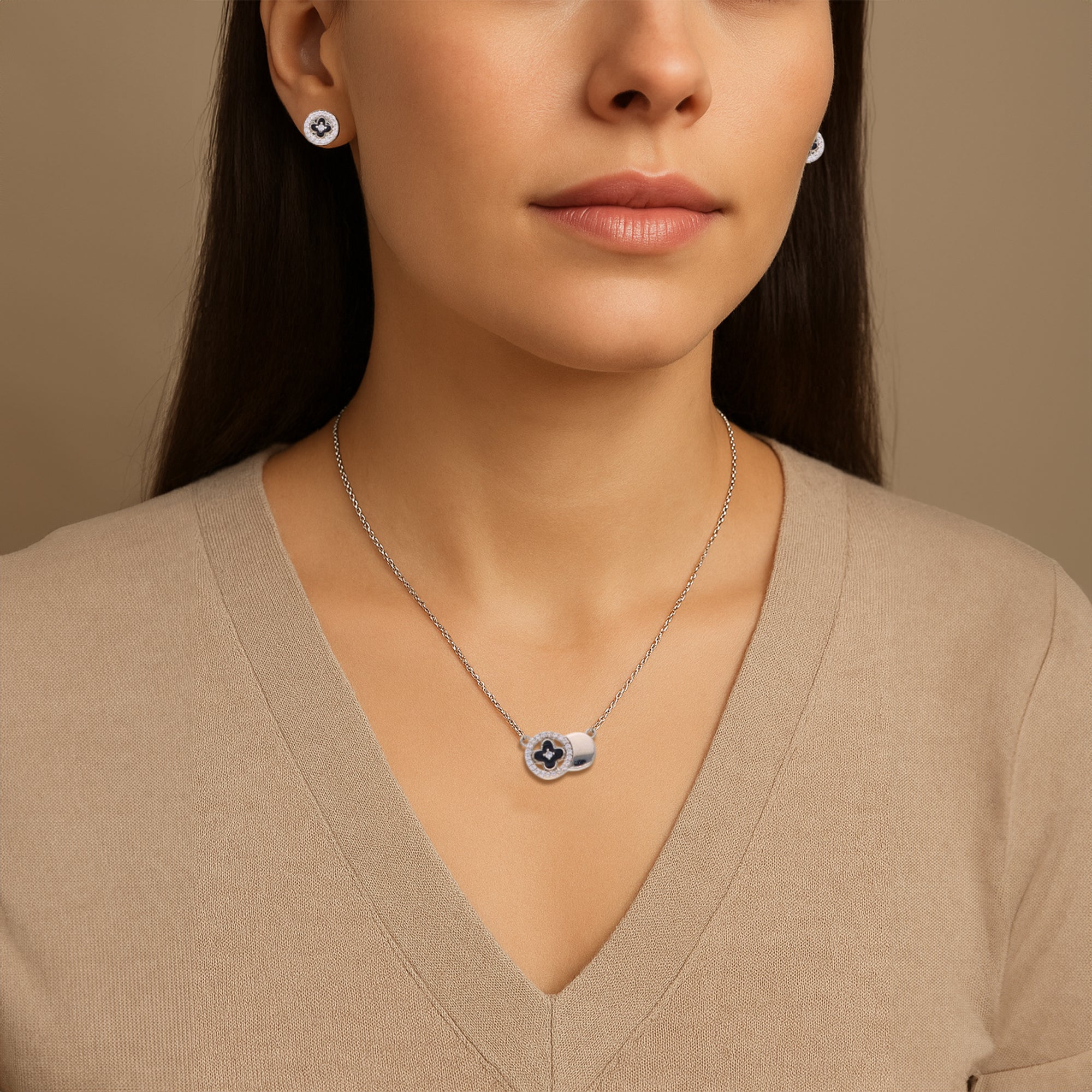 Elegant Gold-Plated Floral Jewelry Set with Black Enamel Accents and Cubic Zirconia Halo | Luxury Twin Bloom Necklace & Stud Earrings