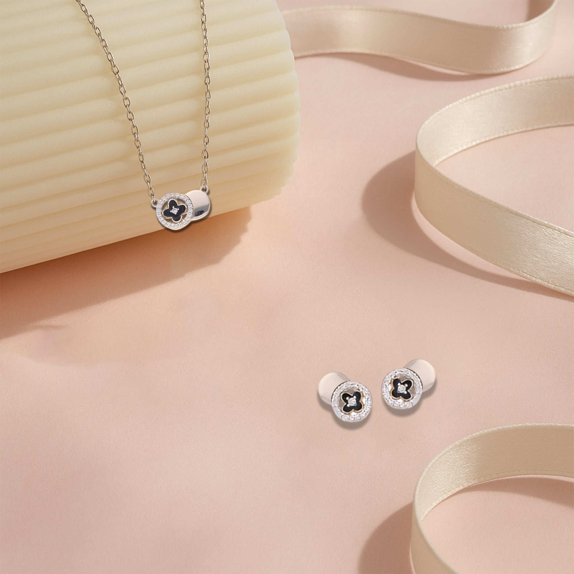 Elegant Gold-Plated Floral Jewelry Set with Black Enamel Accents and Cubic Zirconia Halo | Luxury Twin Bloom Necklace & Stud Earrings