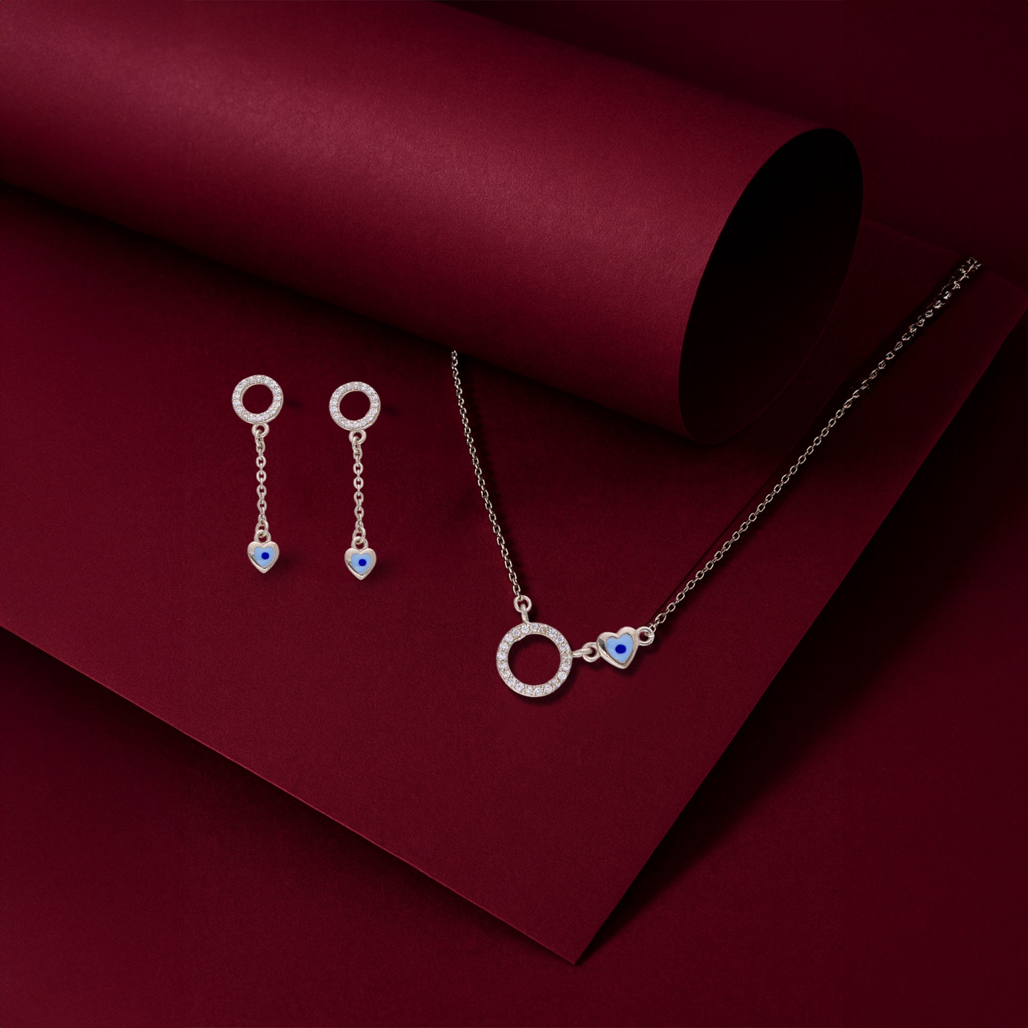 Blue Heart Evil Eye Necklace & Dangle Earrings Set with Pave Crystal Circles ? Symbolic Jewelry for Daily Protection and Style