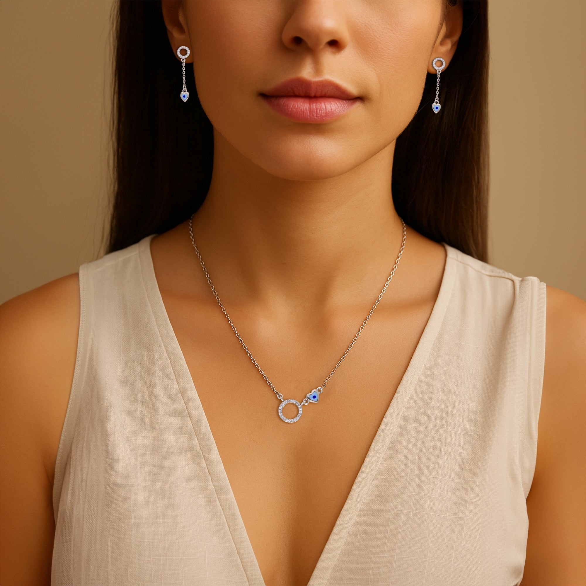 Blue Heart Evil Eye Necklace & Dangle Earrings Set with Pave Crystal Circles ? Symbolic Jewelry for Daily Protection and Style