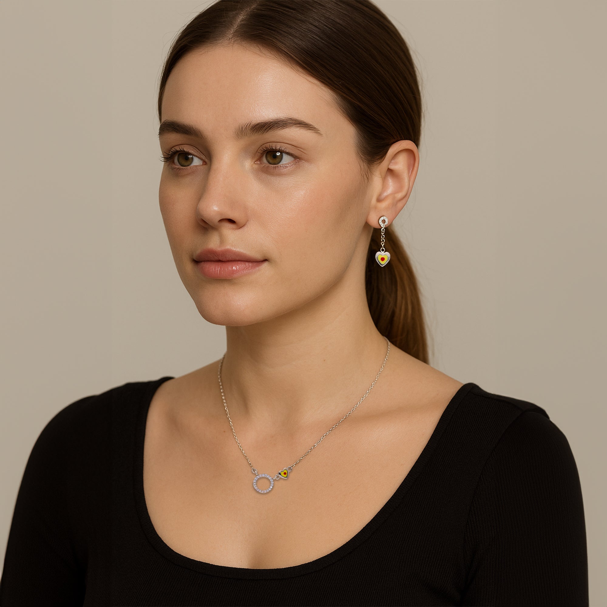 Necklace & Drop Earrings Set with Crystal Circle Pendant and Hand-Painted Heart Charms ? Symbolizing Eternal Love and Whimsical Elegance