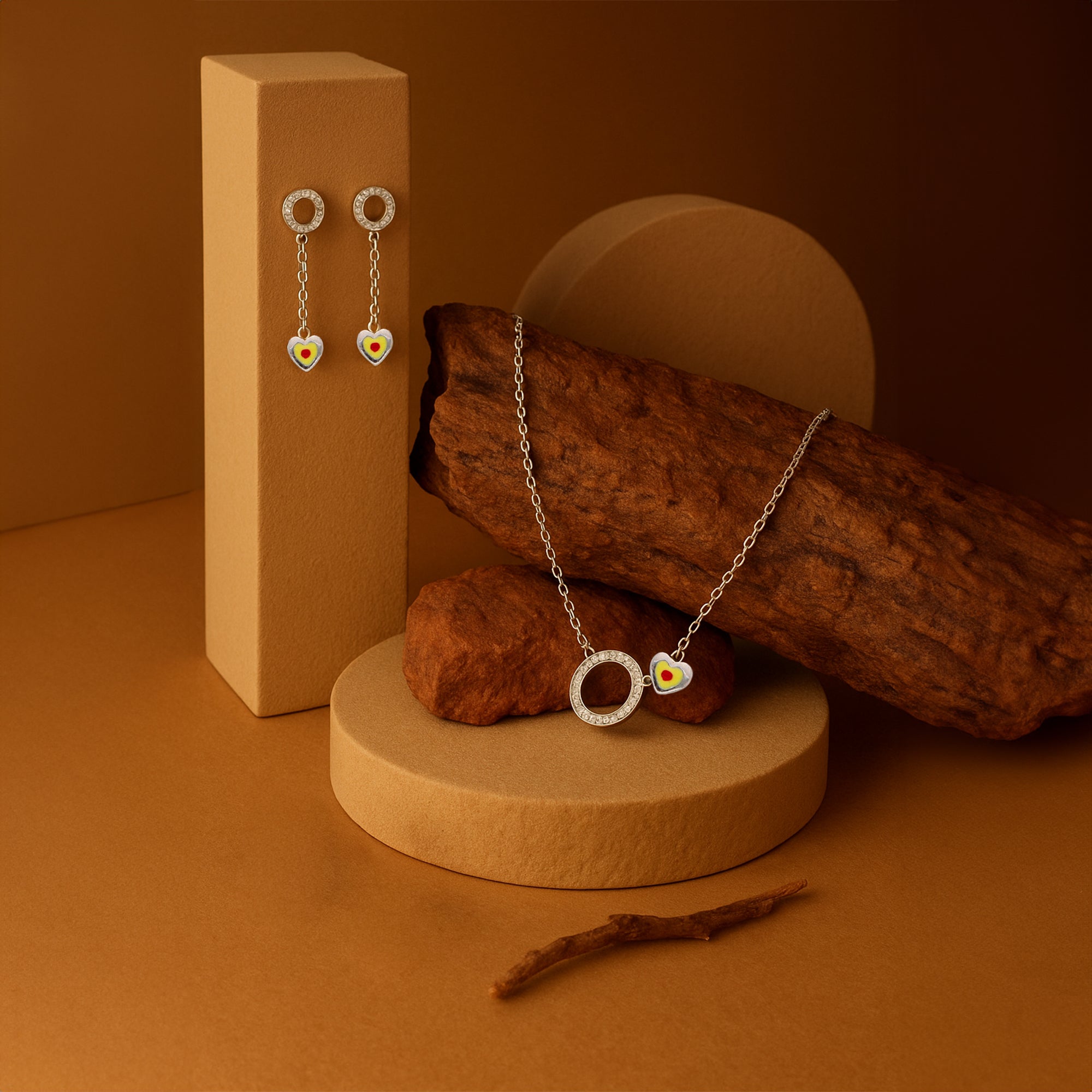 Necklace & Drop Earrings Set with Crystal Circle Pendant and Hand-Painted Heart Charms ? Symbolizing Eternal Love and Whimsical Elegance