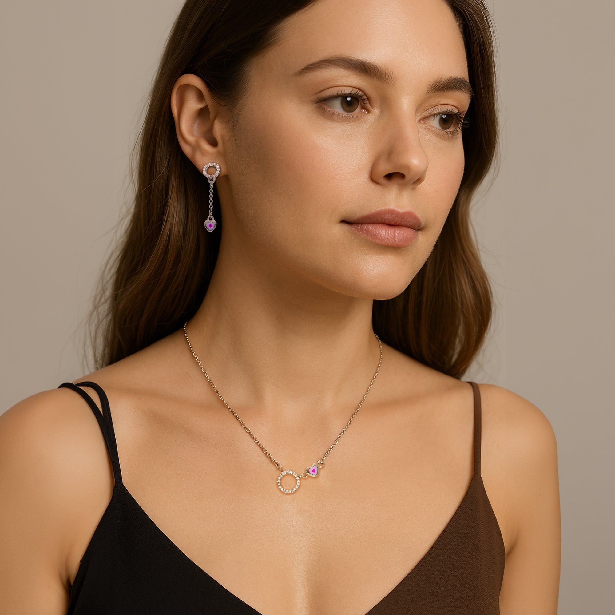 Necklace & Earrings Set with Crystal Halo and Pink Heart Charms ? A Delicate Expression of Love and Femininity