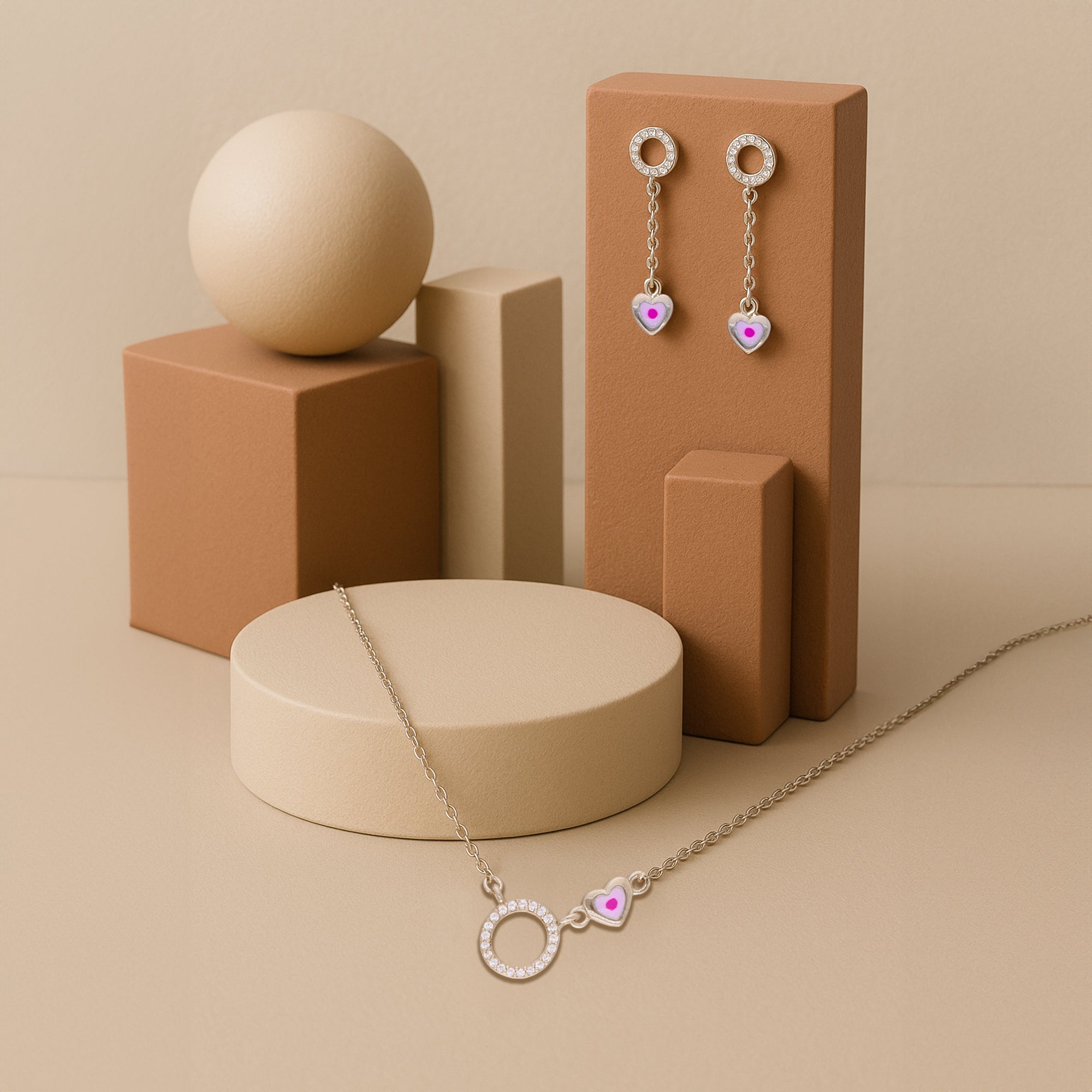 Necklace & Earrings Set with Crystal Halo and Pink Heart Charms ? A Delicate Expression of Love and Femininity