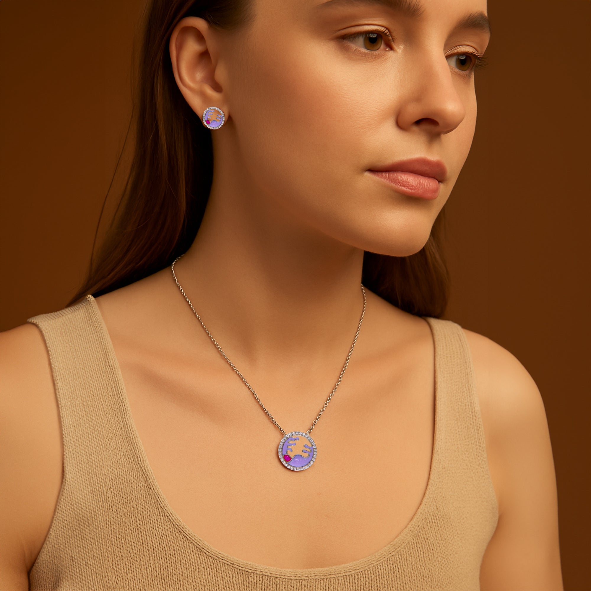 Whispers of Lavender ? Crystal-Framed Silver Necklace & Earrings Set with Handcrafted Enamel Detailing