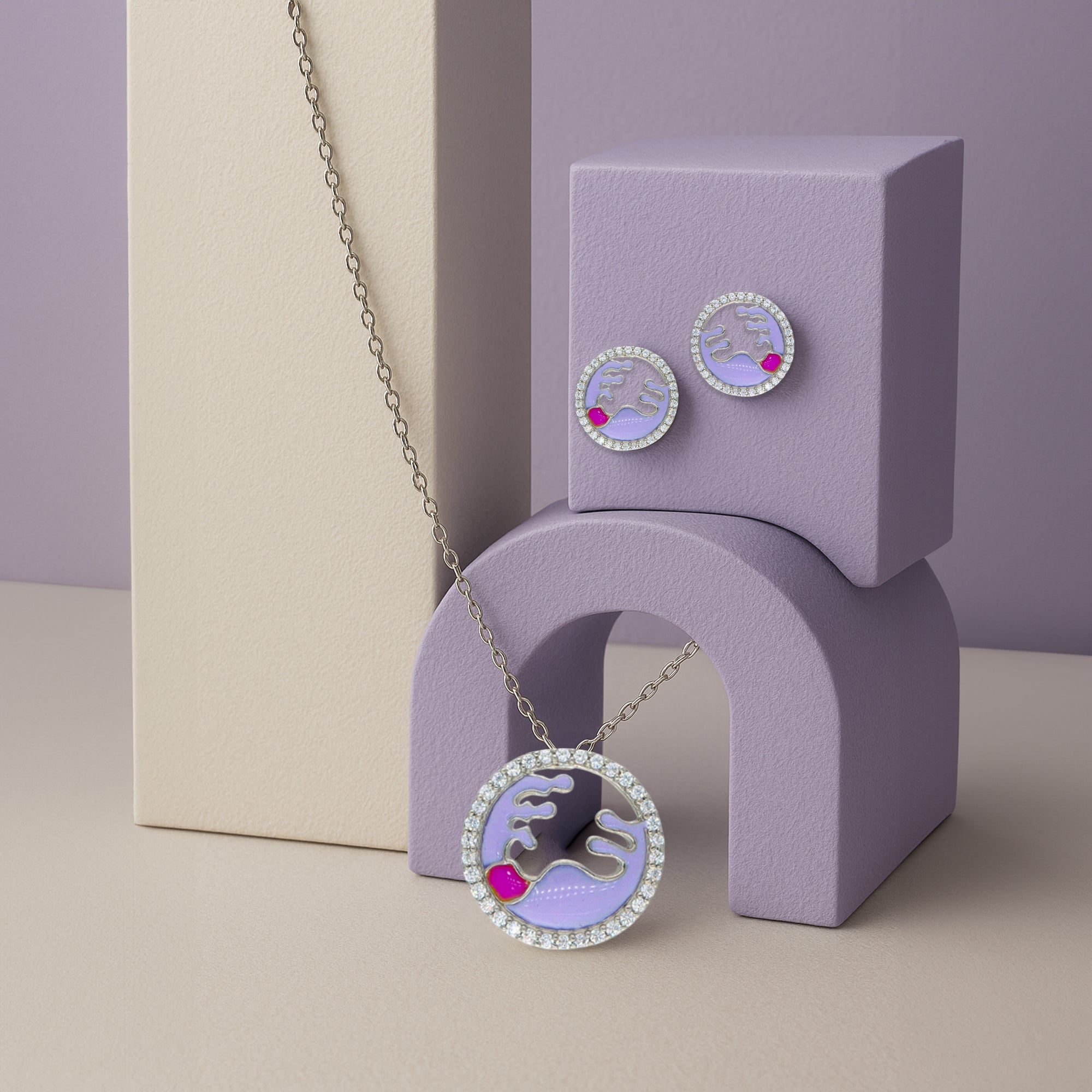 Whispers of Lavender ? Crystal-Framed Silver Necklace & Earrings Set with Handcrafted Enamel Detailing