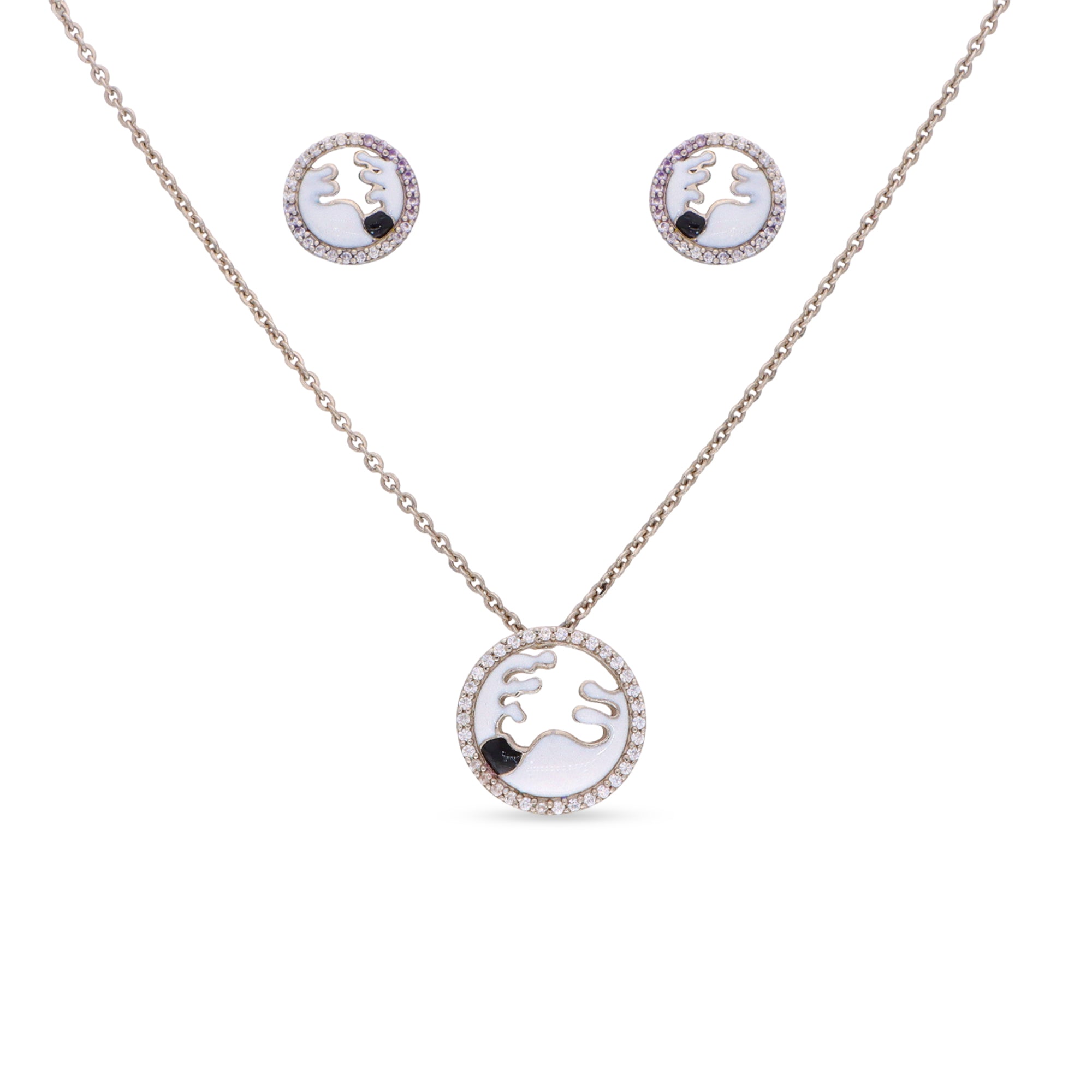 Elegant Ocean Wave-Inspired Pendant Necklace & Stud Earrings Set ? White Mother-of-Pearl Enamel with Black Stone Accent and Cubic Zirconia Border on Fine Gold-Tone Chain