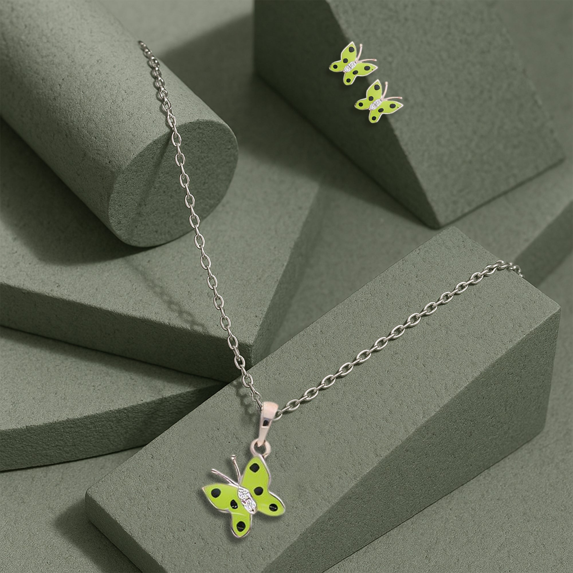Vibrant Butterfly Charm Jewelry Set ? Green Enamel Pendant Necklace and Stud Earrings with Crystal Body Detailing on Fine Gold-Tone Chain