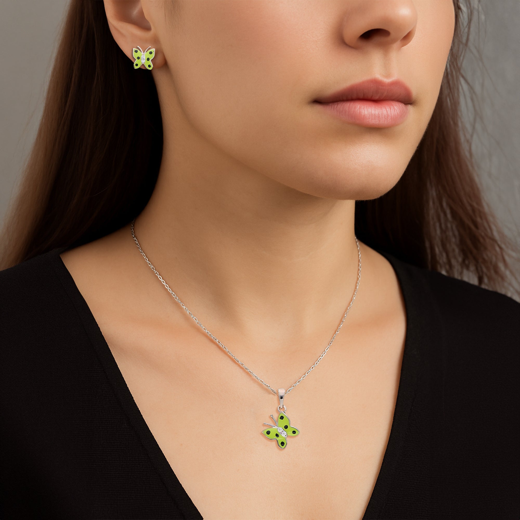 Vibrant Butterfly Charm Jewelry Set ? Green Enamel Pendant Necklace and Stud Earrings with Crystal Body Detailing on Fine Gold-Tone Chain