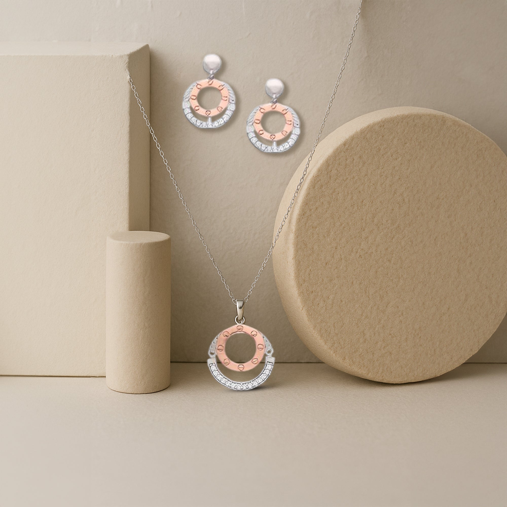 Blossom Radiance Jewelry Set ? Pink Floral Enamel Pendant Necklace and Matching Stud Earrings with Gold-Tone Detailing and Crystal Centerpiece