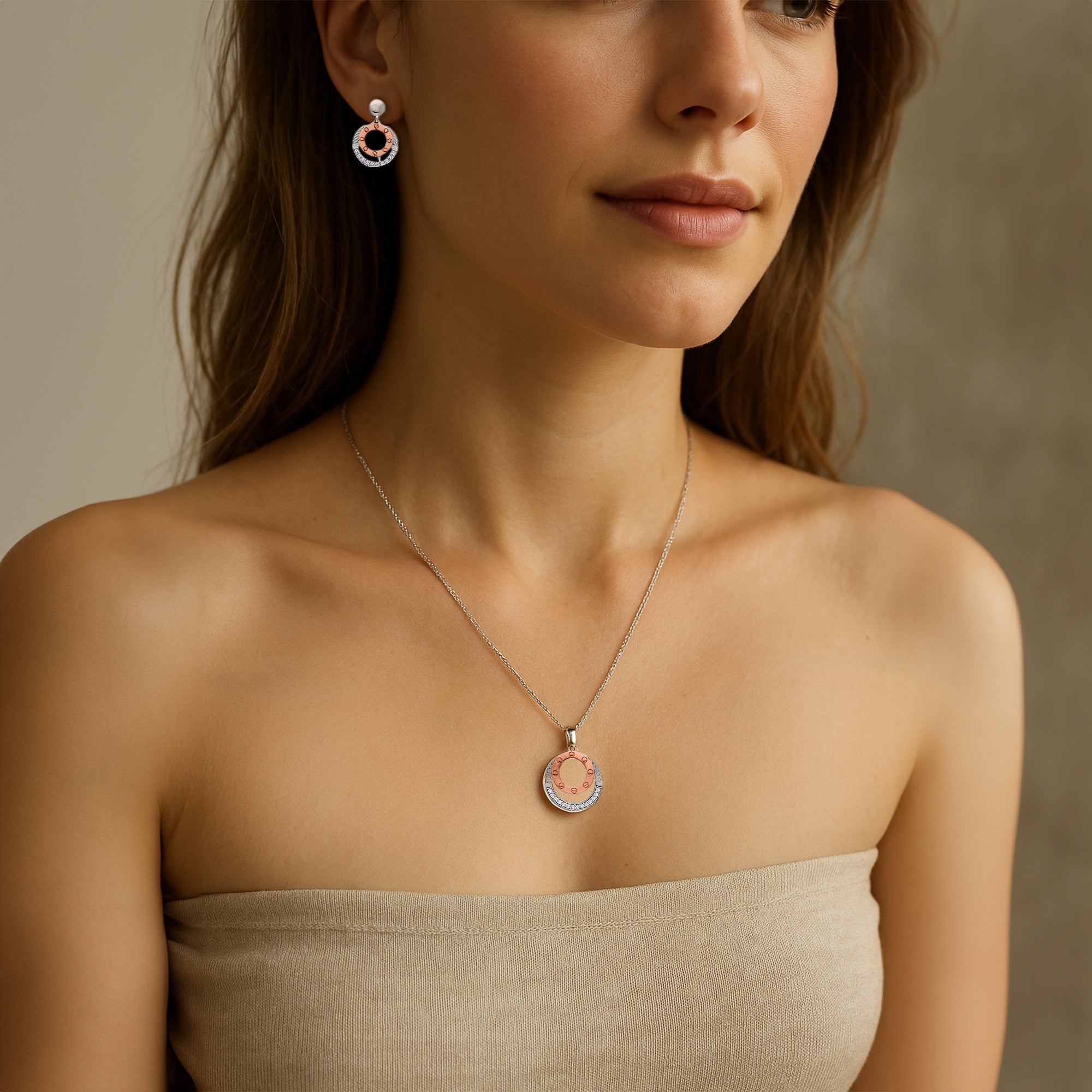 Blossom Radiance Jewelry Set ? Pink Floral Enamel Pendant Necklace and Matching Stud Earrings with Gold-Tone Detailing and Crystal Centerpiece