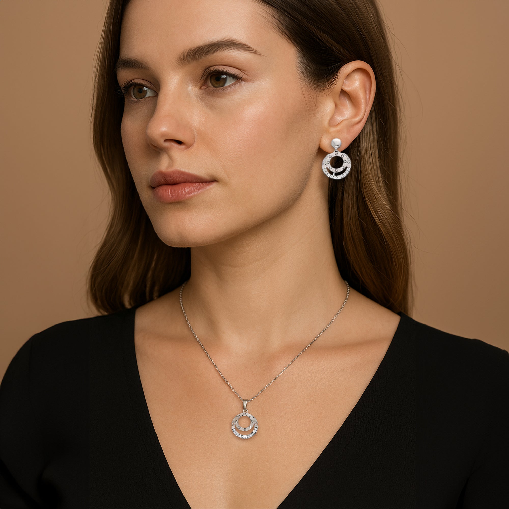 Celestial Halo Jewelry Set ? Silver-Tone Circle Pendant Necklace and Matching Earrings with Engraved Detailing and Crystal Embellishments