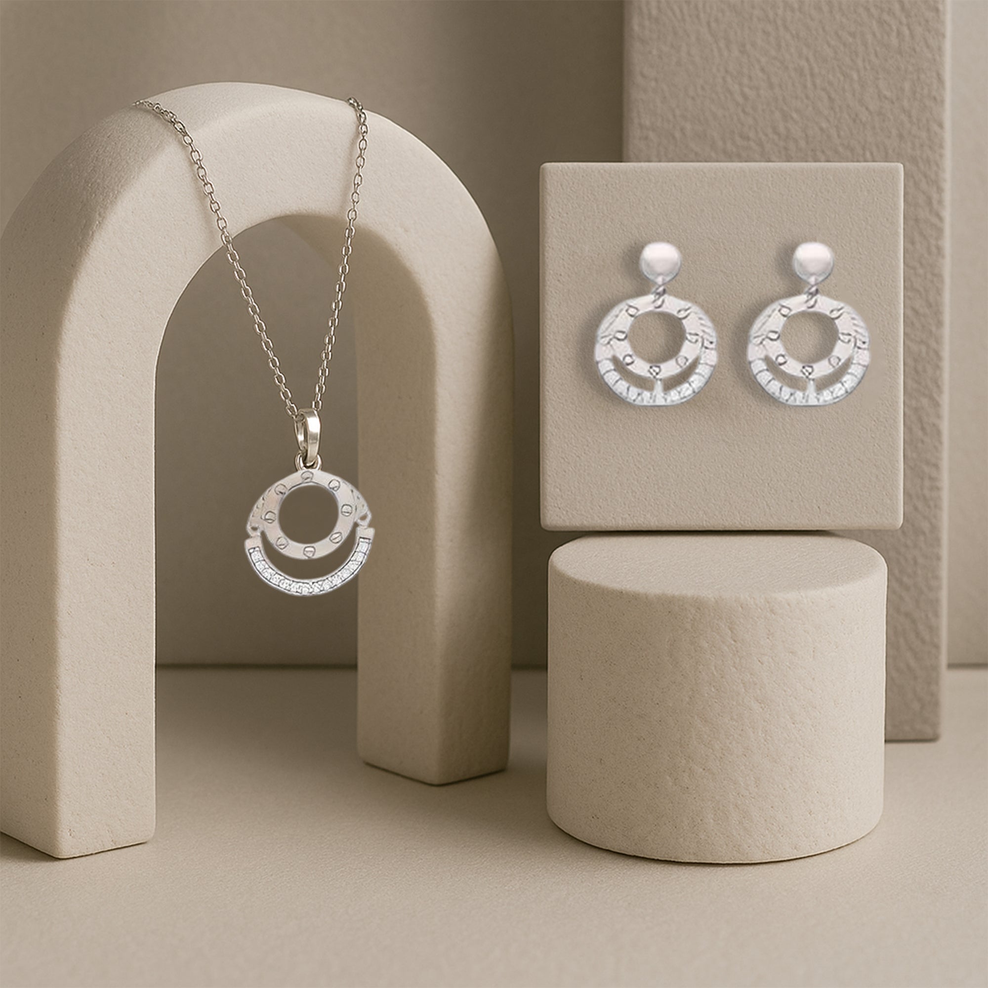 Celestial Halo Jewelry Set ? Silver-Tone Circle Pendant Necklace and Matching Earrings with Engraved Detailing and Crystal Embellishments