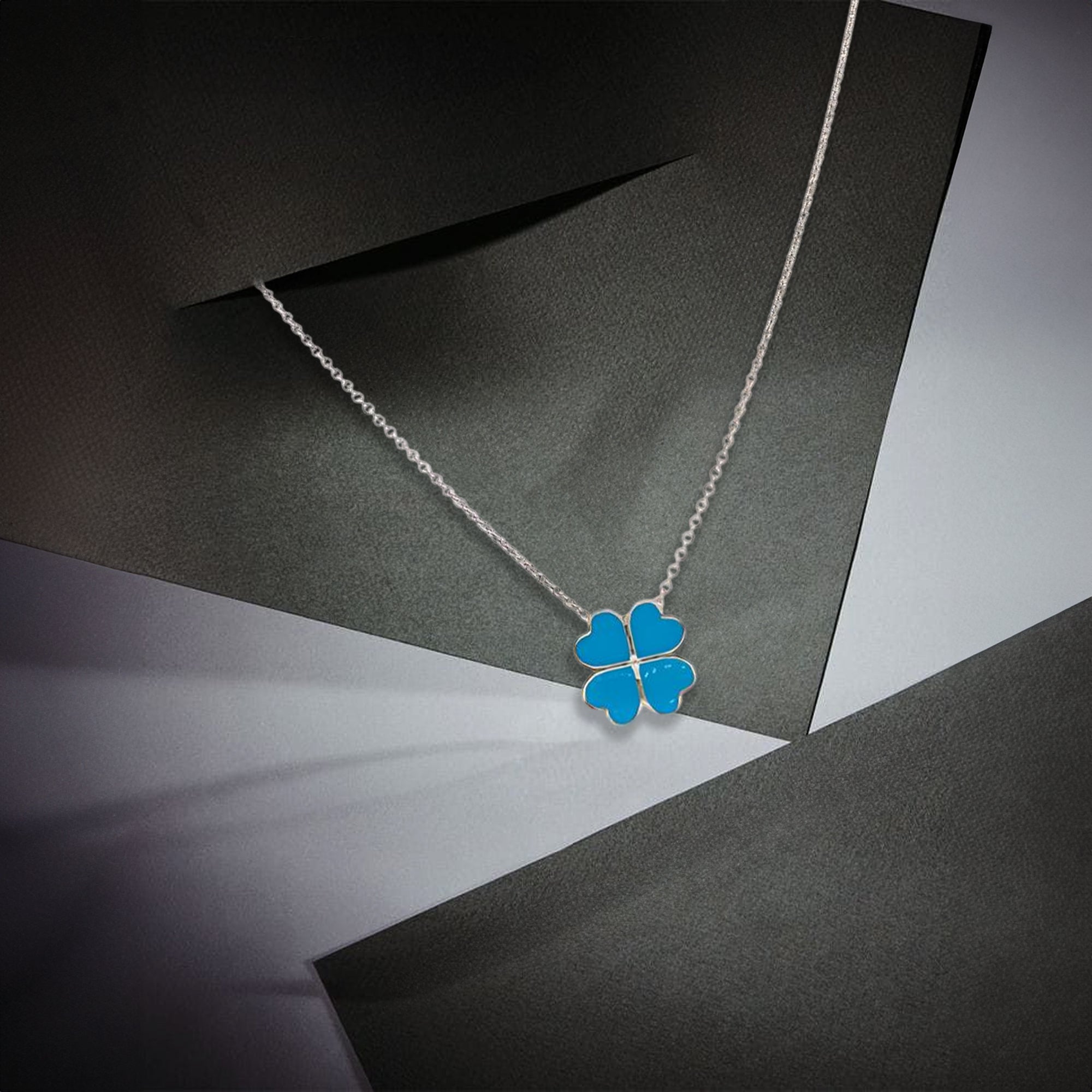 Lucky Clover Charm Necklace with Light Blue Enamel Pendant on Silver Chain
