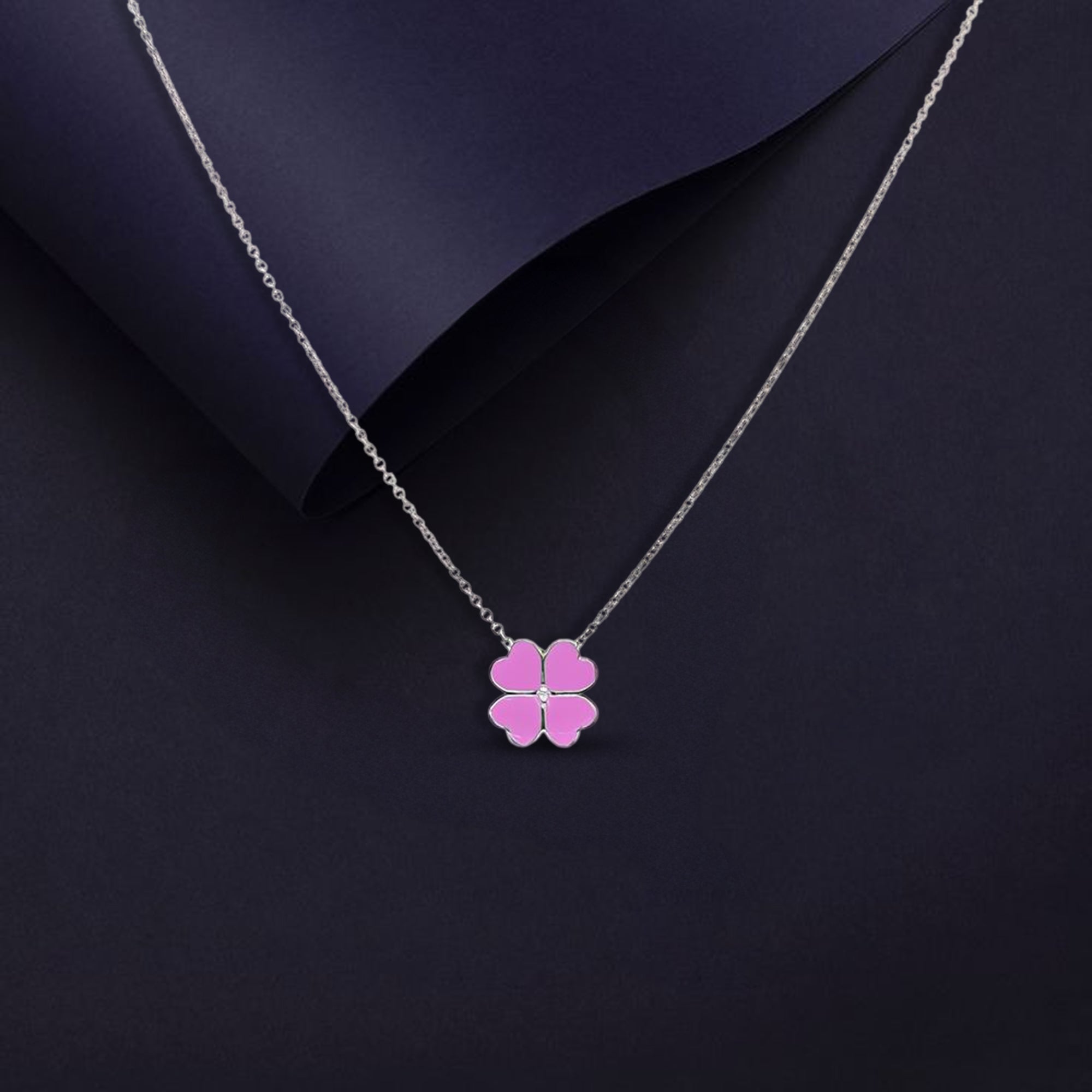 Blush Pink Enamel Four Leaf Clover Necklace with Dainty Silver Chain Pendant