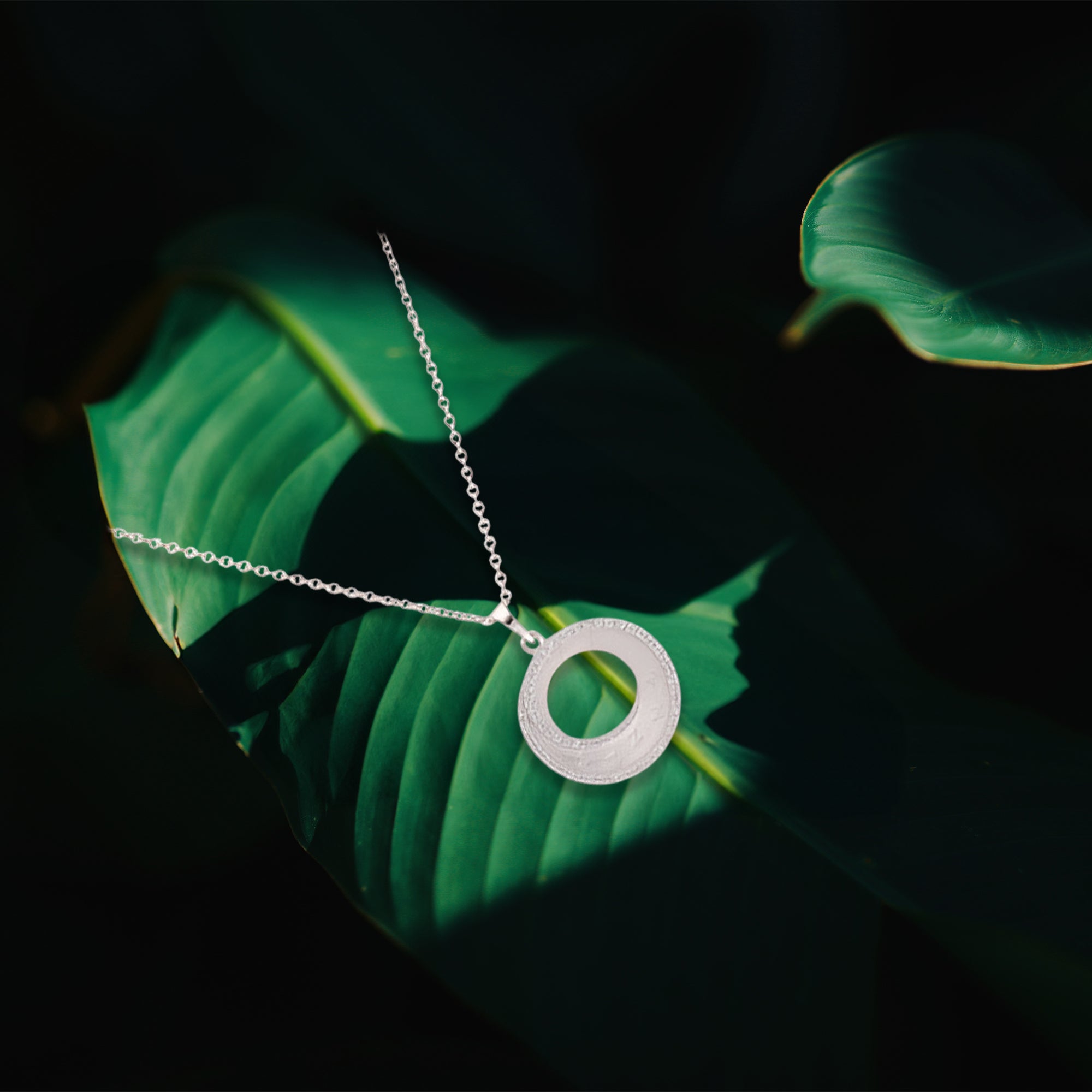 Polished Silver Circle Pendant Necklace with Hollow Disc and Textured Edging