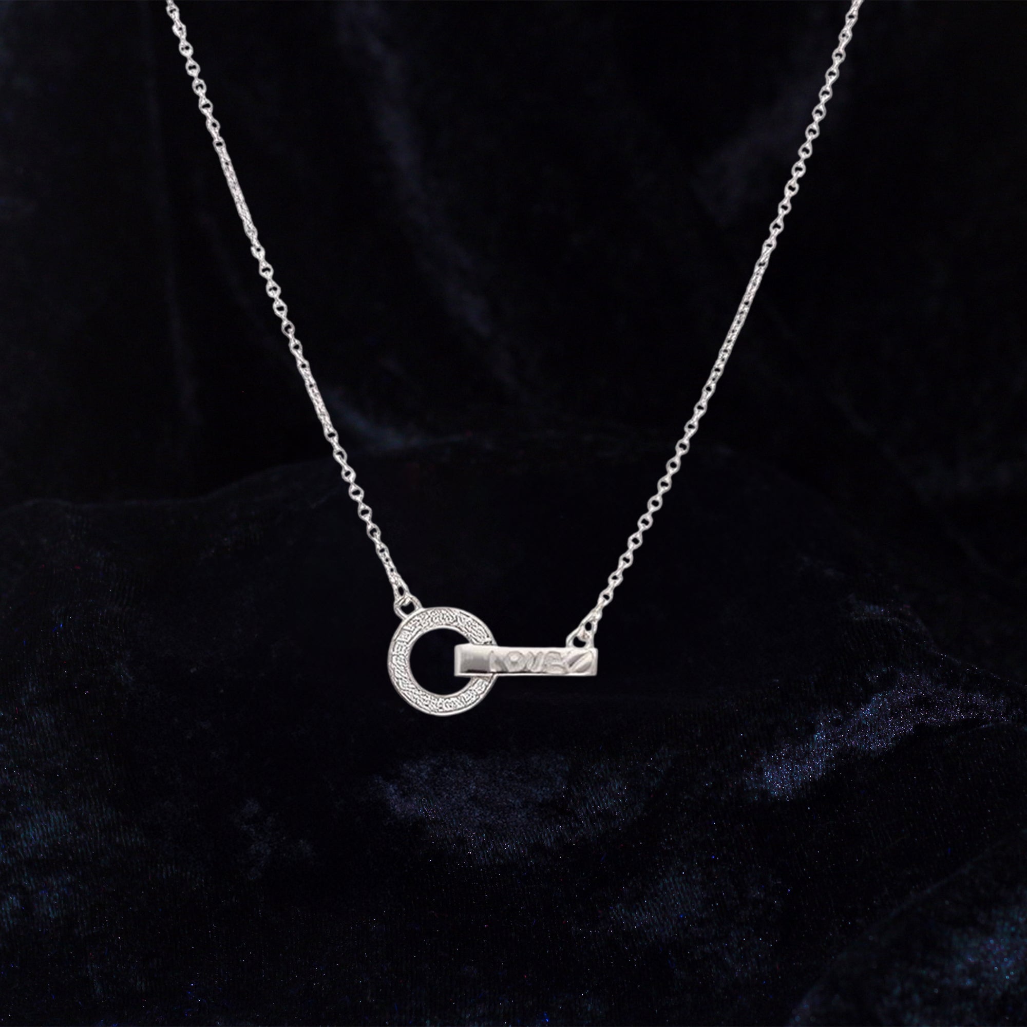 Silver Interlocking Love Necklace with Engraved Bar and Pave Circle Pendant