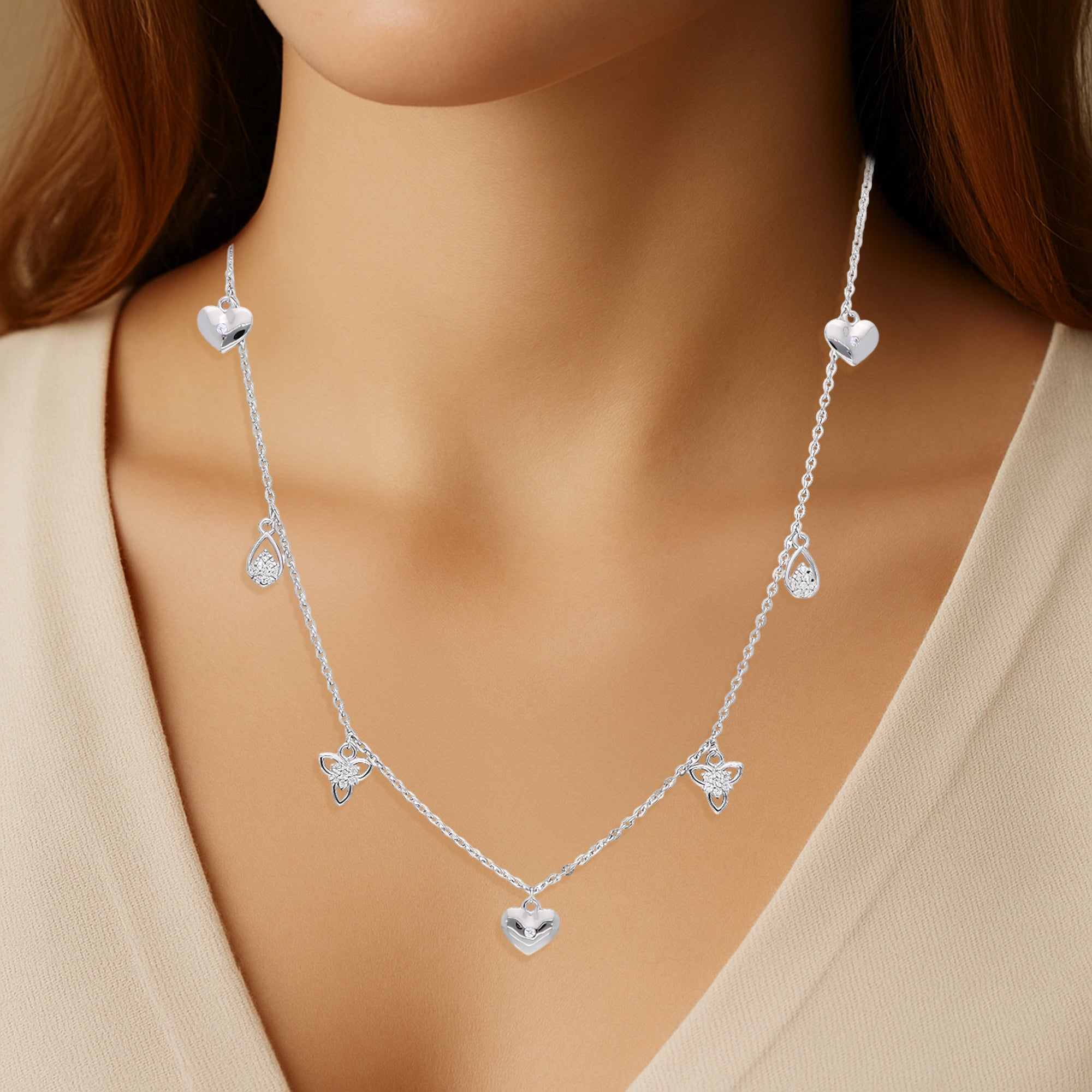Sterling Silver Charm Necklace with Heart Teardrop Crystals and Butterfly