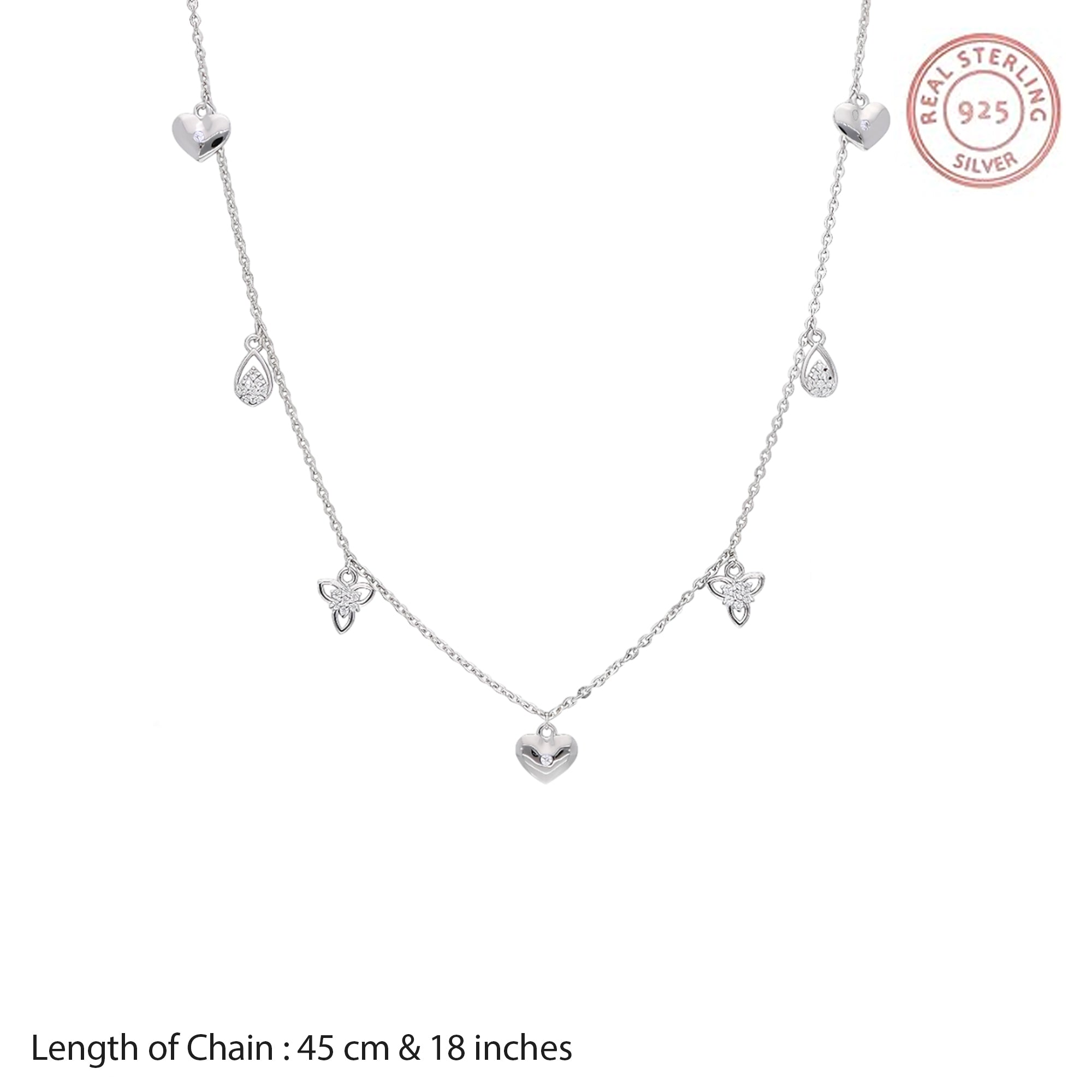 Sterling Silver Charm Necklace with Heart Teardrop Crystals and Butterfly