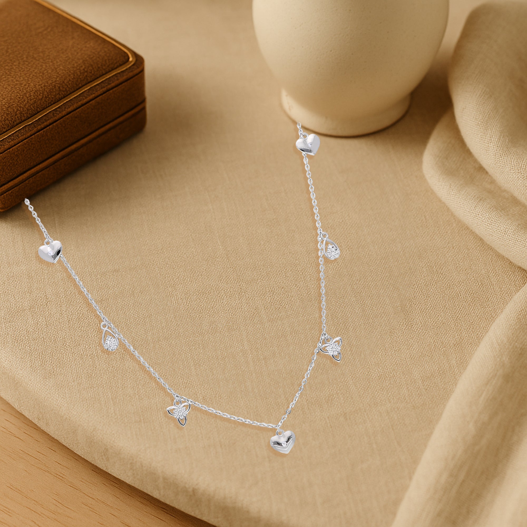 Sterling Silver Charm Necklace with Heart Teardrop Crystals and Butterfly