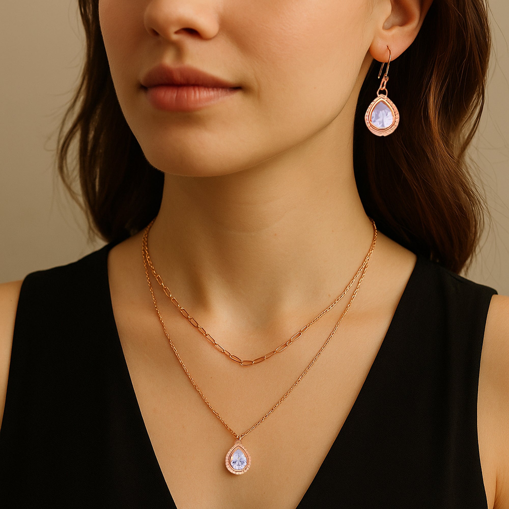 Elegant Rose Gold-Plated Layered Necklace and Earring Set with Teardrop Cubic Zirconia Pendants ? Delicate Paperclip Chain and Fine Cable Chain Design
