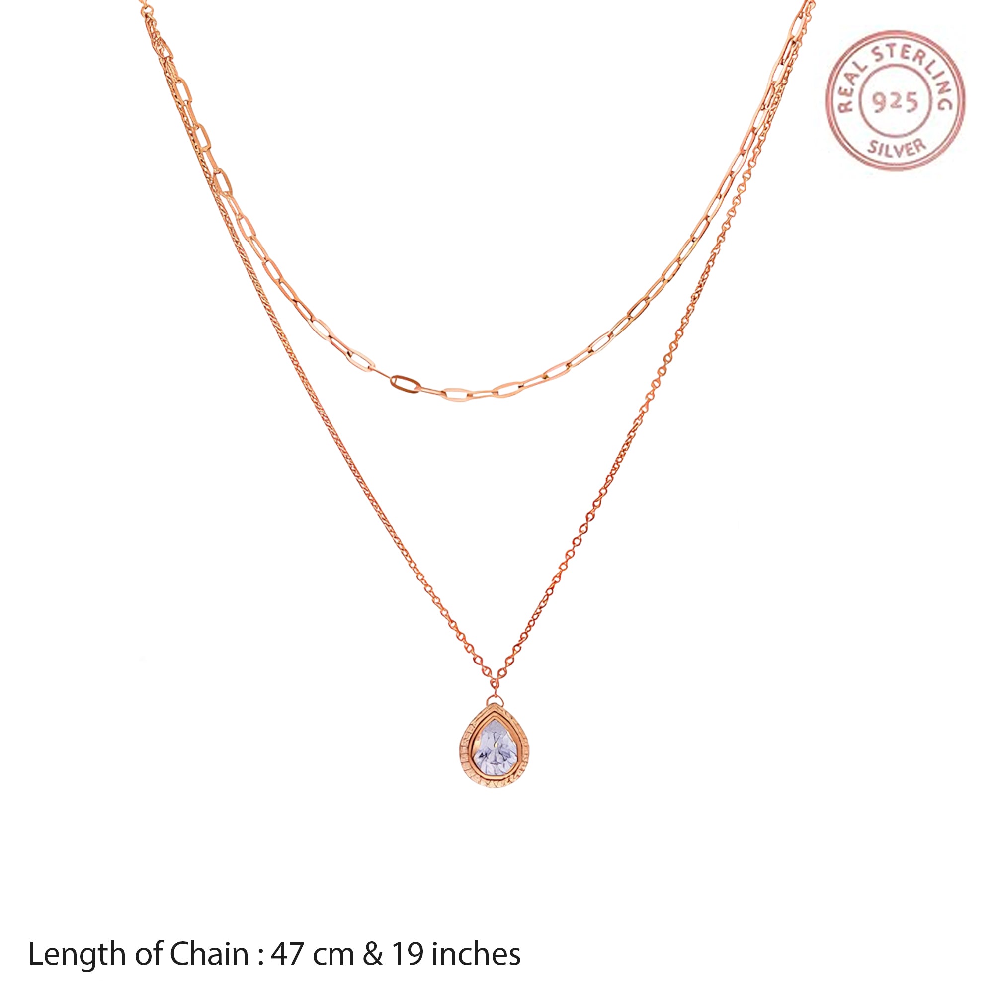 Elegant Rose Gold-Plated Layered Necklace and Earring Set with Teardrop Cubic Zirconia Pendants ? Delicate Paperclip Chain and Fine Cable Chain Design