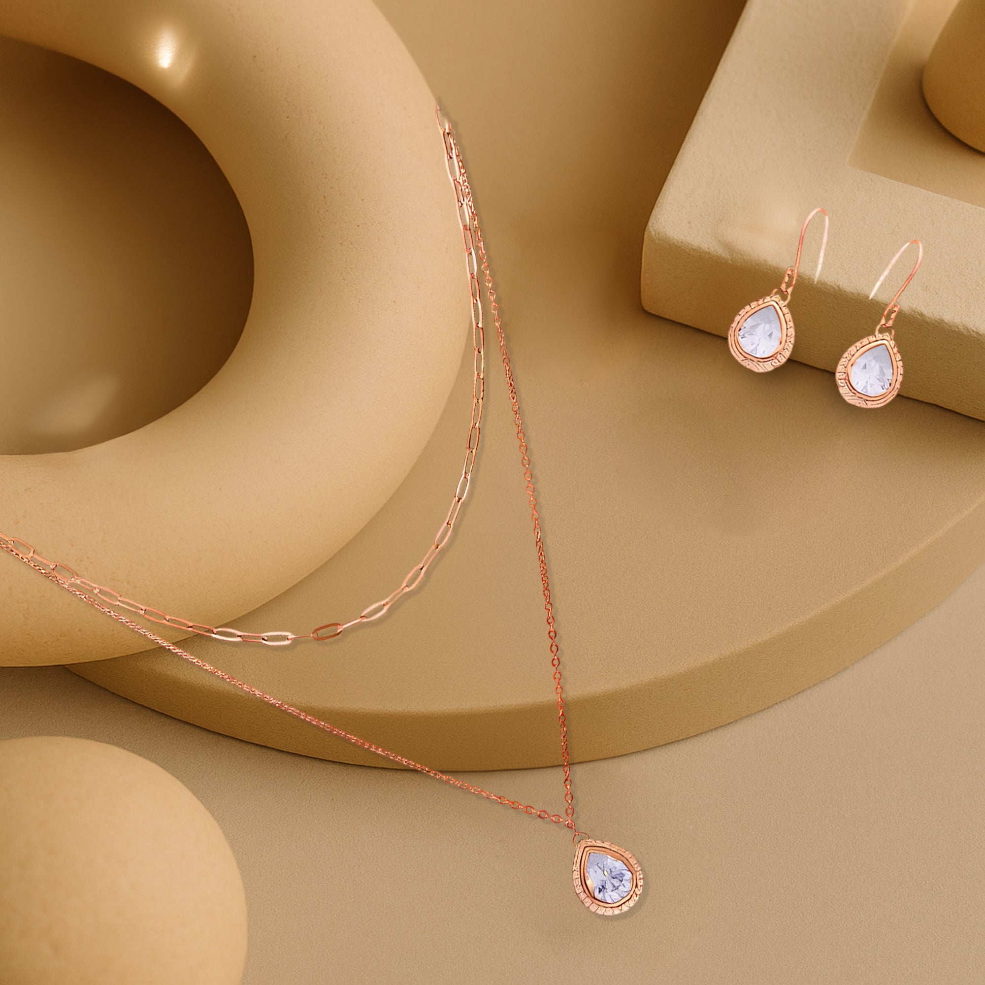 Elegant Rose Gold-Plated Layered Necklace and Earring Set with Teardrop Cubic Zirconia Pendants ? Delicate Paperclip Chain and Fine Cable Chain Design