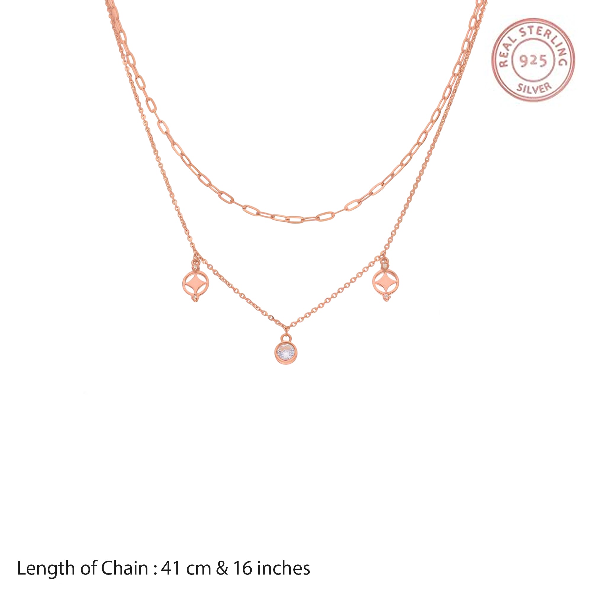 Delicate Rose Gold Layered Necklace and Earring Set with Abstract Charm Details and Sparkling Center Stones