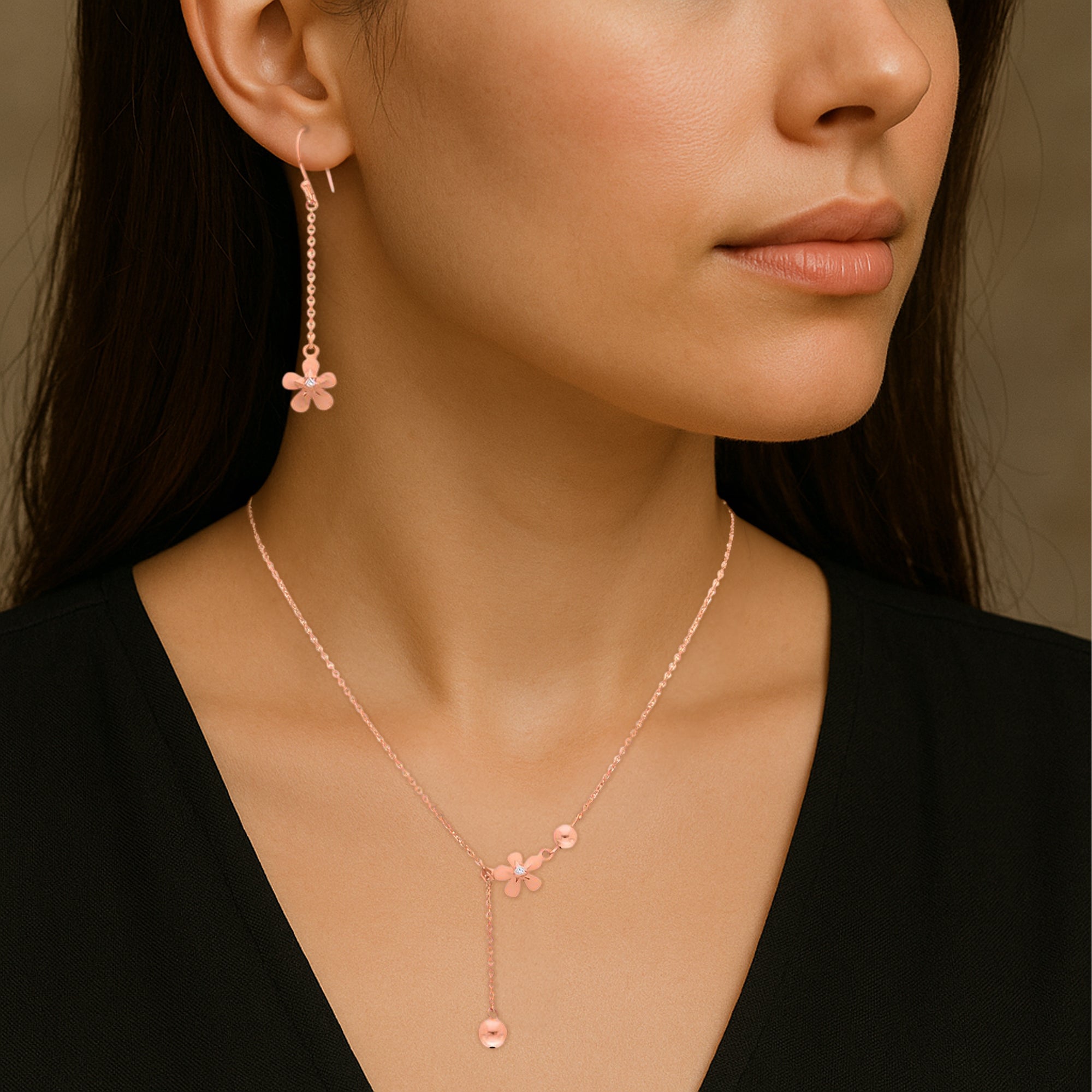 Rose Gold Floral Drop Necklace and Earring Set ? Delicate Chain Design with Dangling Petal Charms for Elegant Everyday Wear