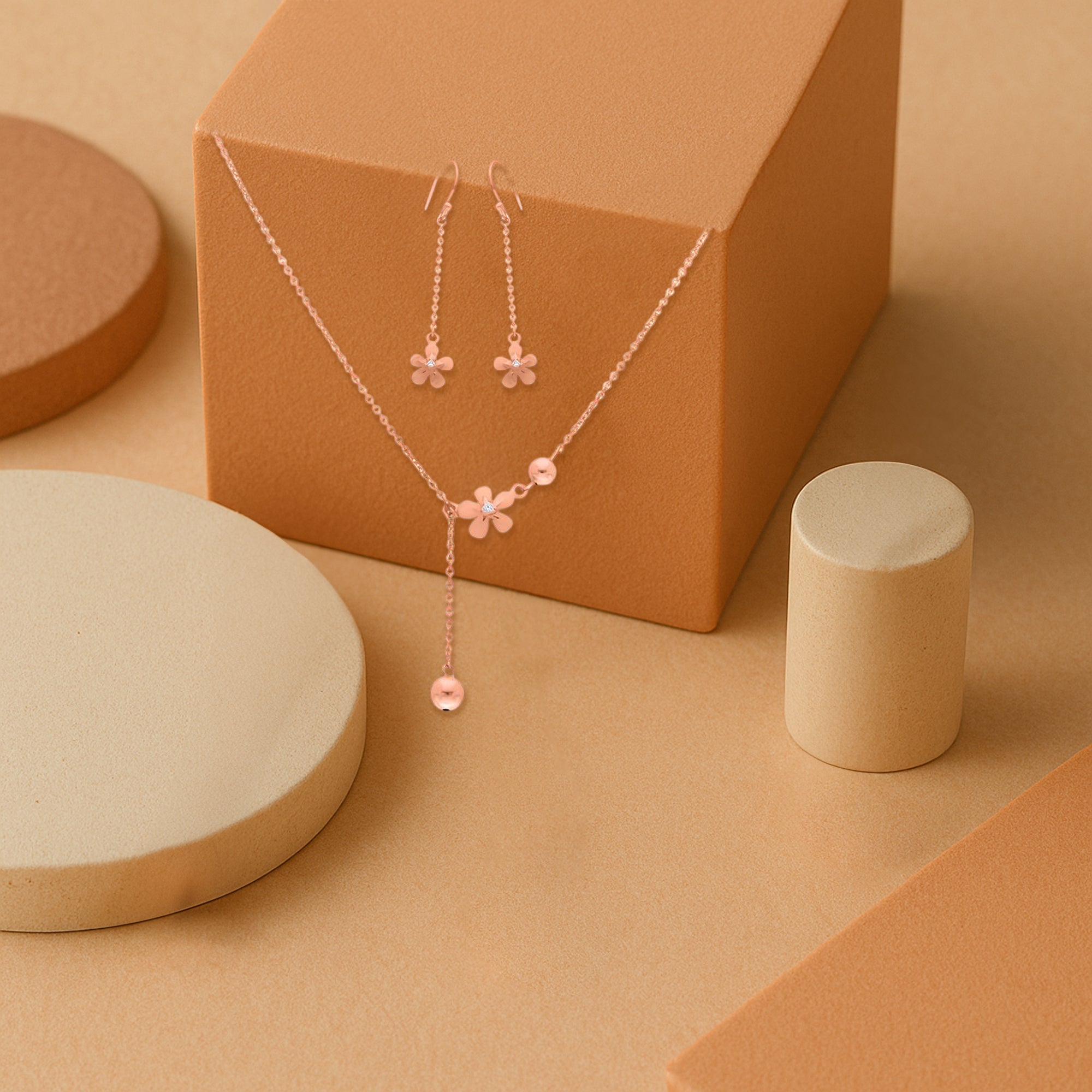 Rose Gold Floral Drop Necklace and Earring Set ? Delicate Chain Design with Dangling Petal Charms for Elegant Everyday Wear