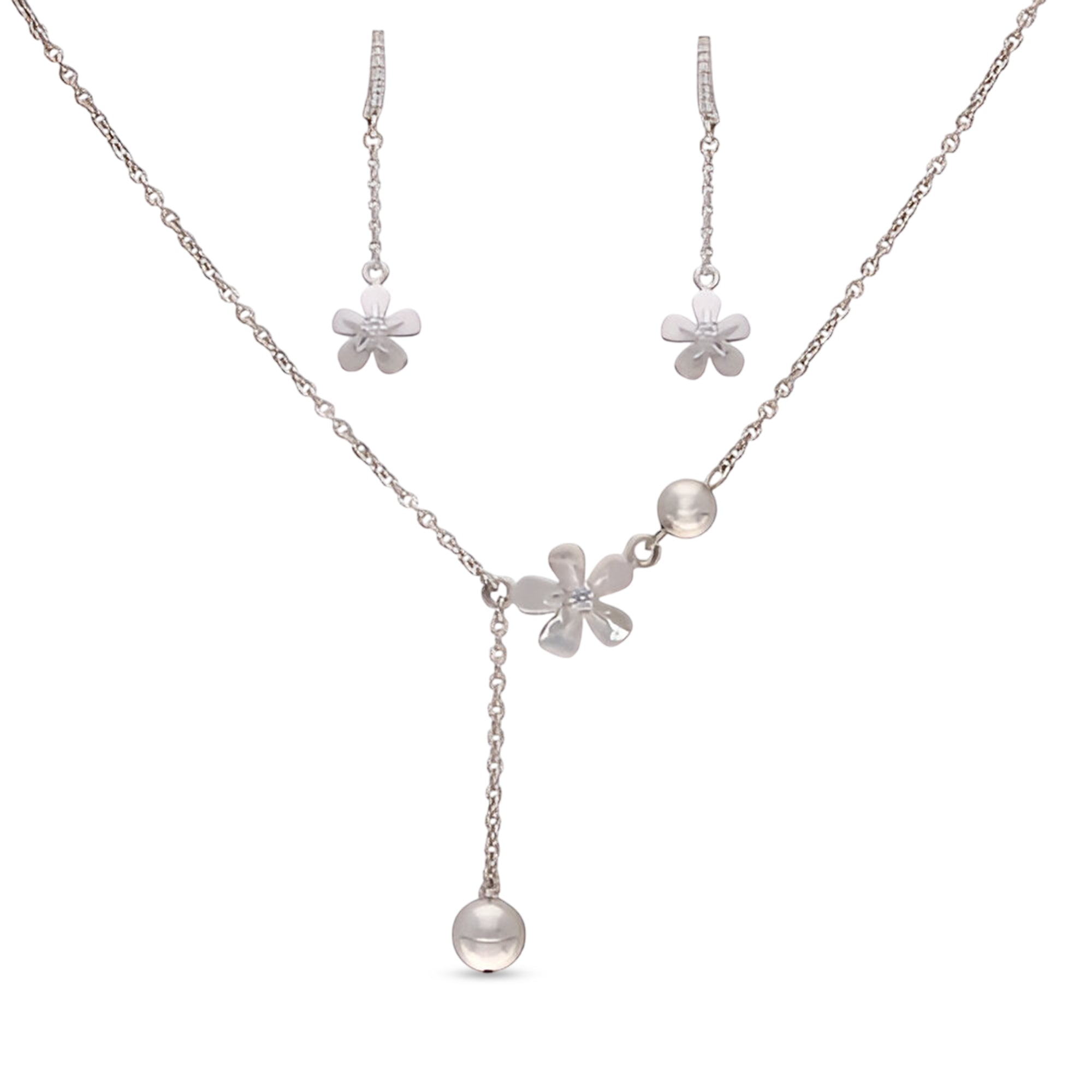 Silver Floral Drop Necklace and Earring Set with Petal Charms and Pearl Accents ? Elegant Nature-Inspired Jewelry for Everyday and Occasion Wear