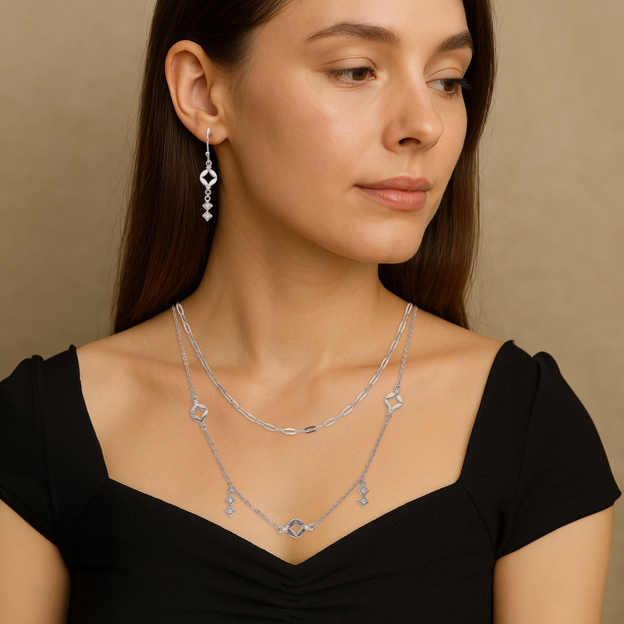 925 Sterling Silver Necklace and Earring Set with Open Geometric Charms and Dangling Diamond-Shaped Accents ? Modern Minimalist Jewelry for Everyday Elegance