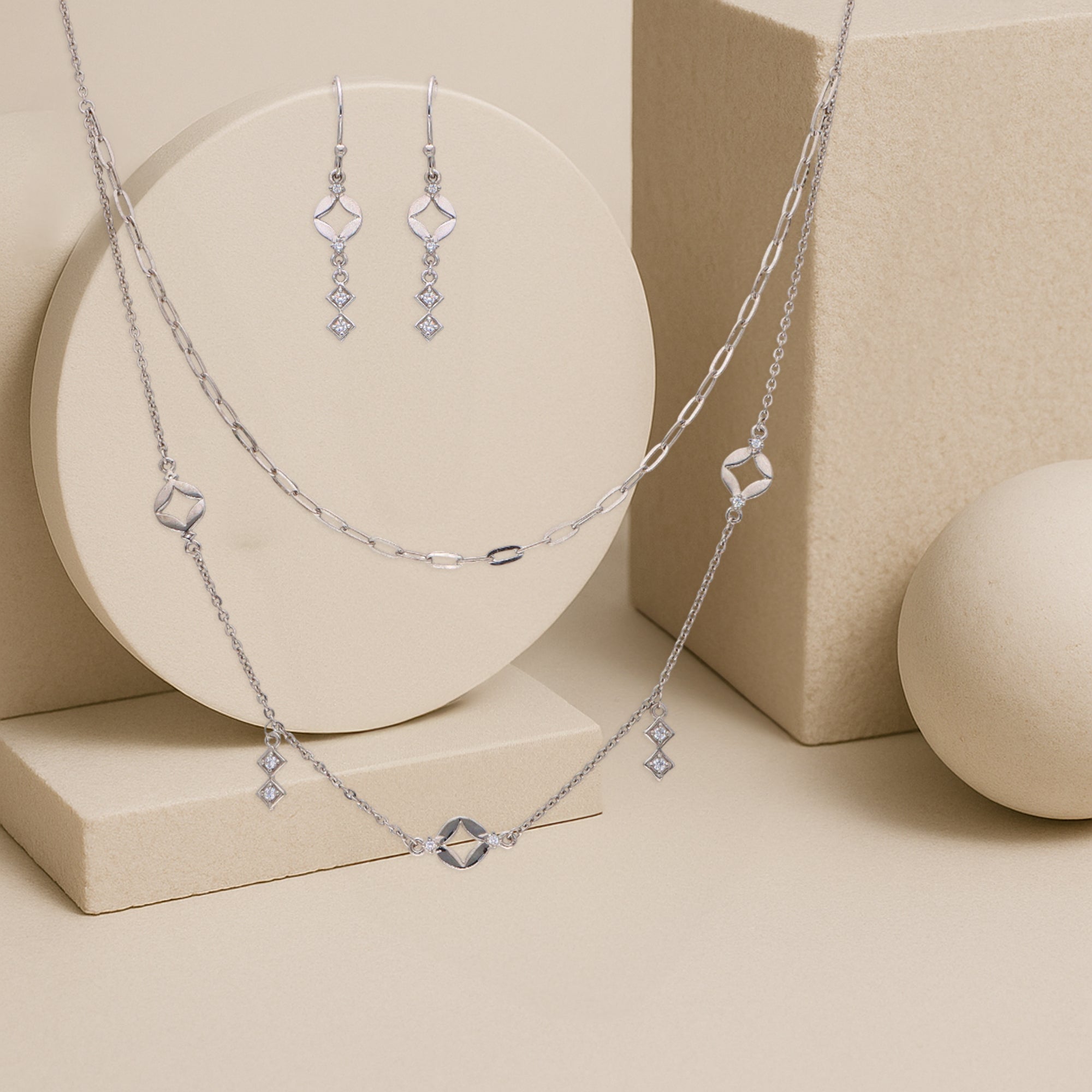 925 Sterling Silver Necklace and Earring Set with Open Geometric Charms and Dangling Diamond-Shaped Accents ? Modern Minimalist Jewelry for Everyday Elegance