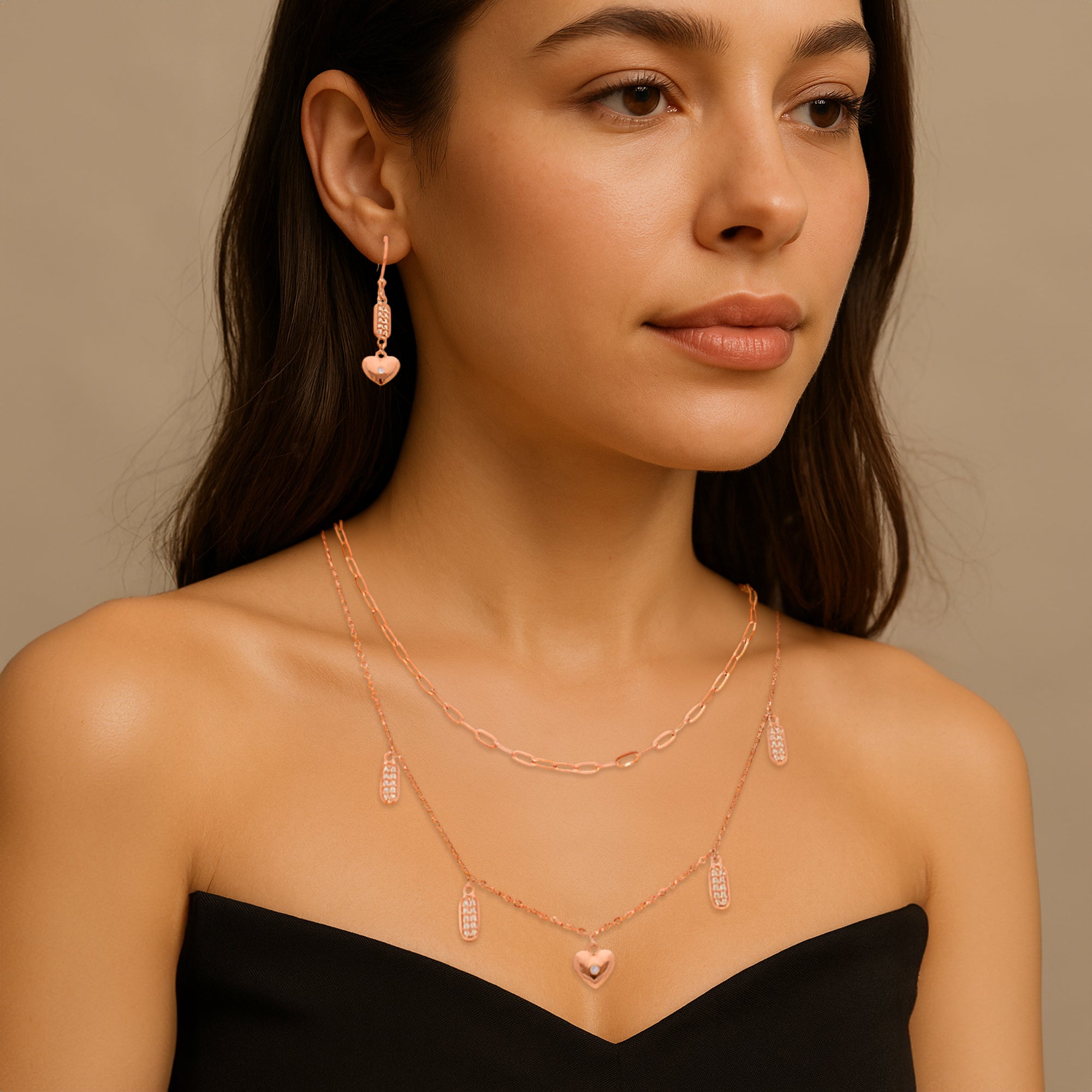 Rose Gold Plated Heart and Tag Charm Necklace and Earring Set ? Romantic Dual-Chain Jewelry for Everyday and Gifting
