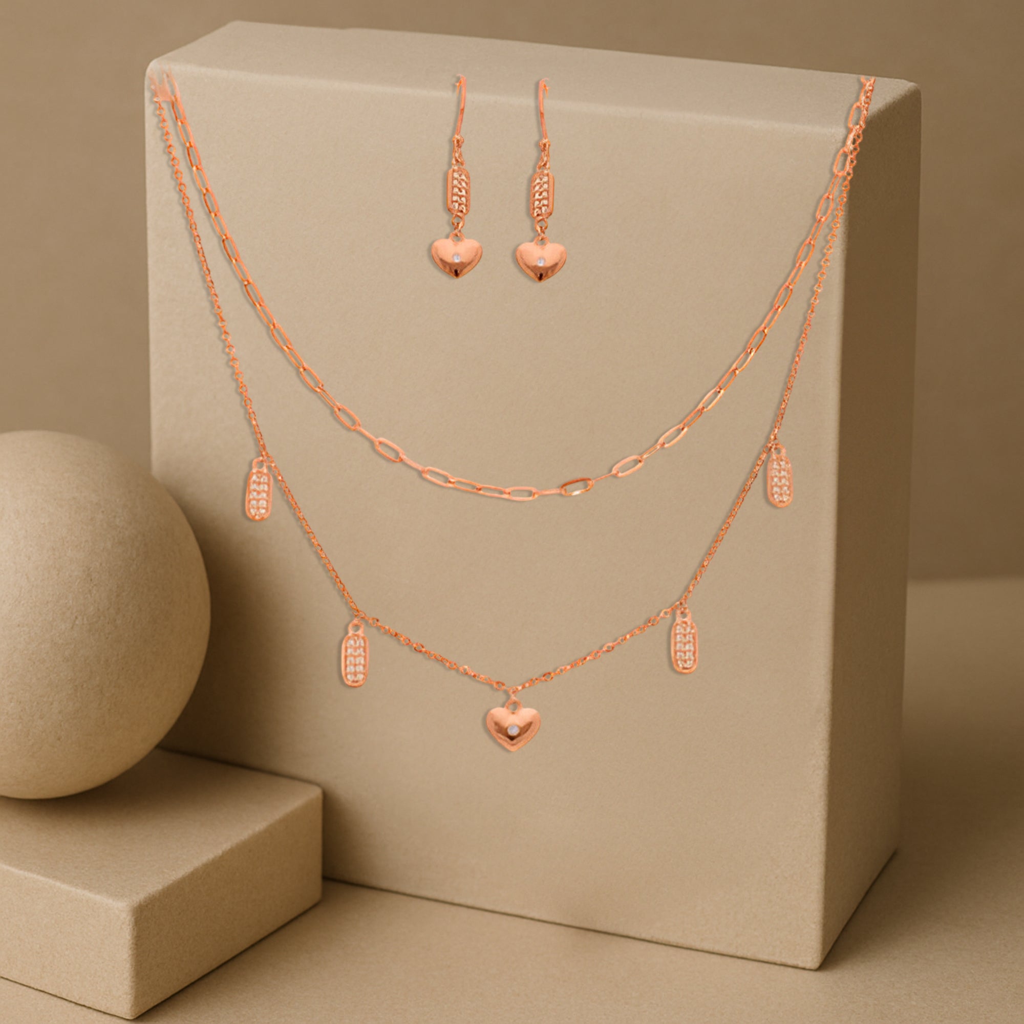 Rose Gold Plated Heart and Tag Charm Necklace and Earring Set ? Romantic Dual-Chain Jewelry for Everyday and Gifting
