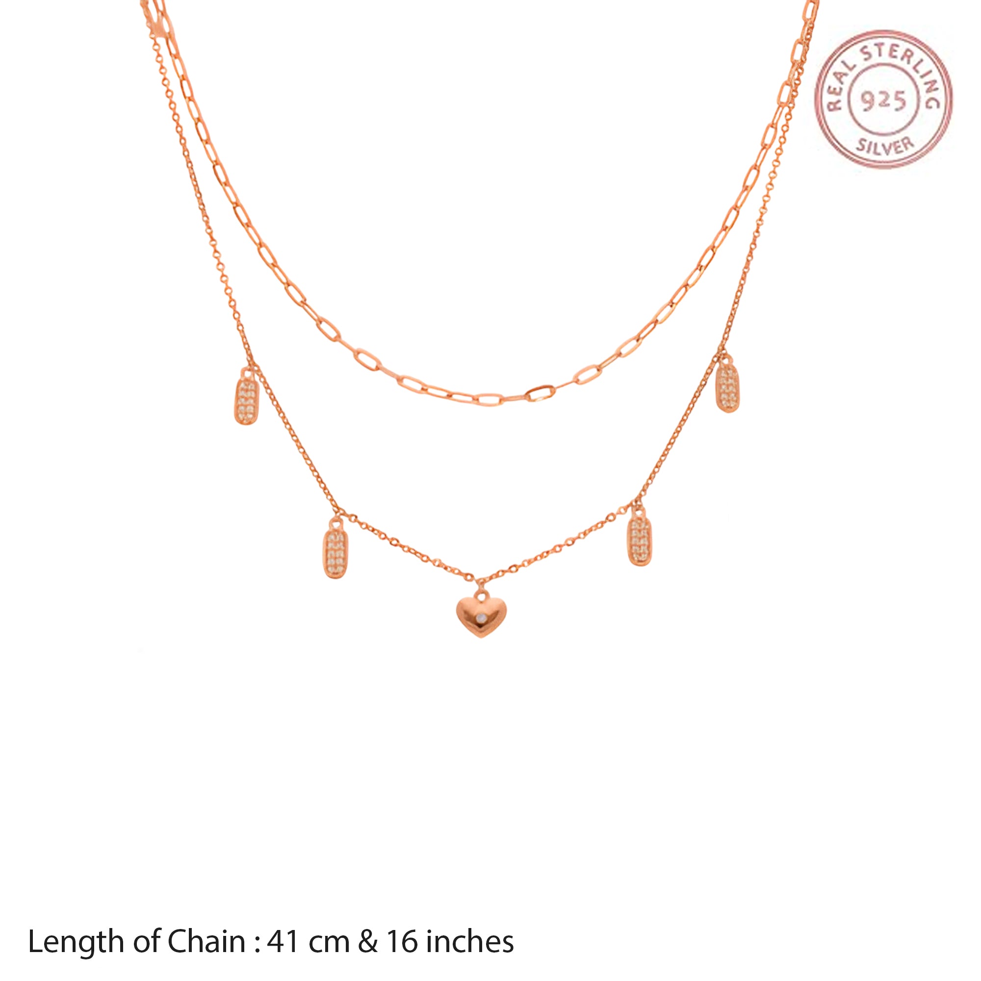Rose Gold Plated Heart and Tag Charm Necklace and Earring Set ? Romantic Dual-Chain Jewelry for Everyday and Gifting