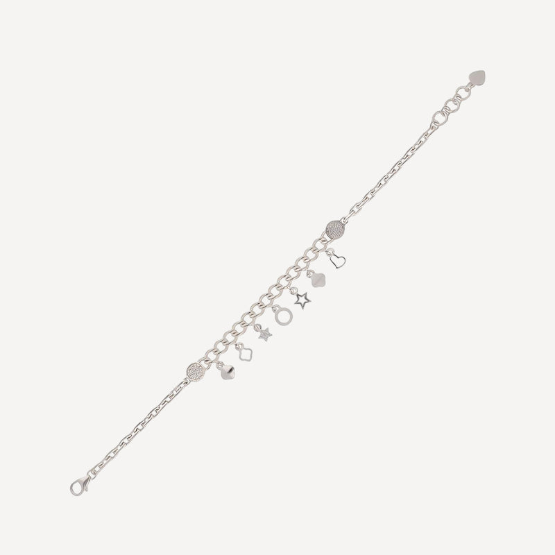 Silver Charm Bracelet – Multi-Charm Dangle Chain with Heart & Star Pendants