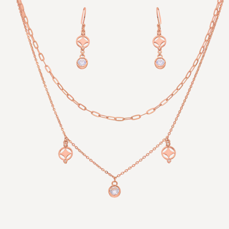 Delicate Rose Gold Layered Necklace and Earring Set