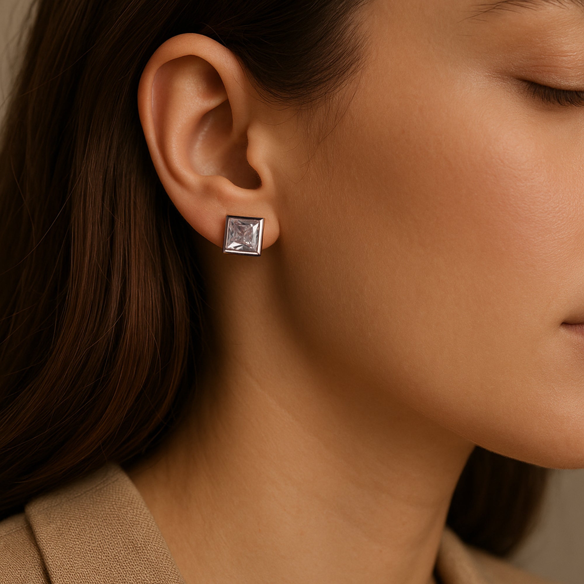 Rose Gold Square Crystal Stud Earrings – Princess Cut Bezel Design